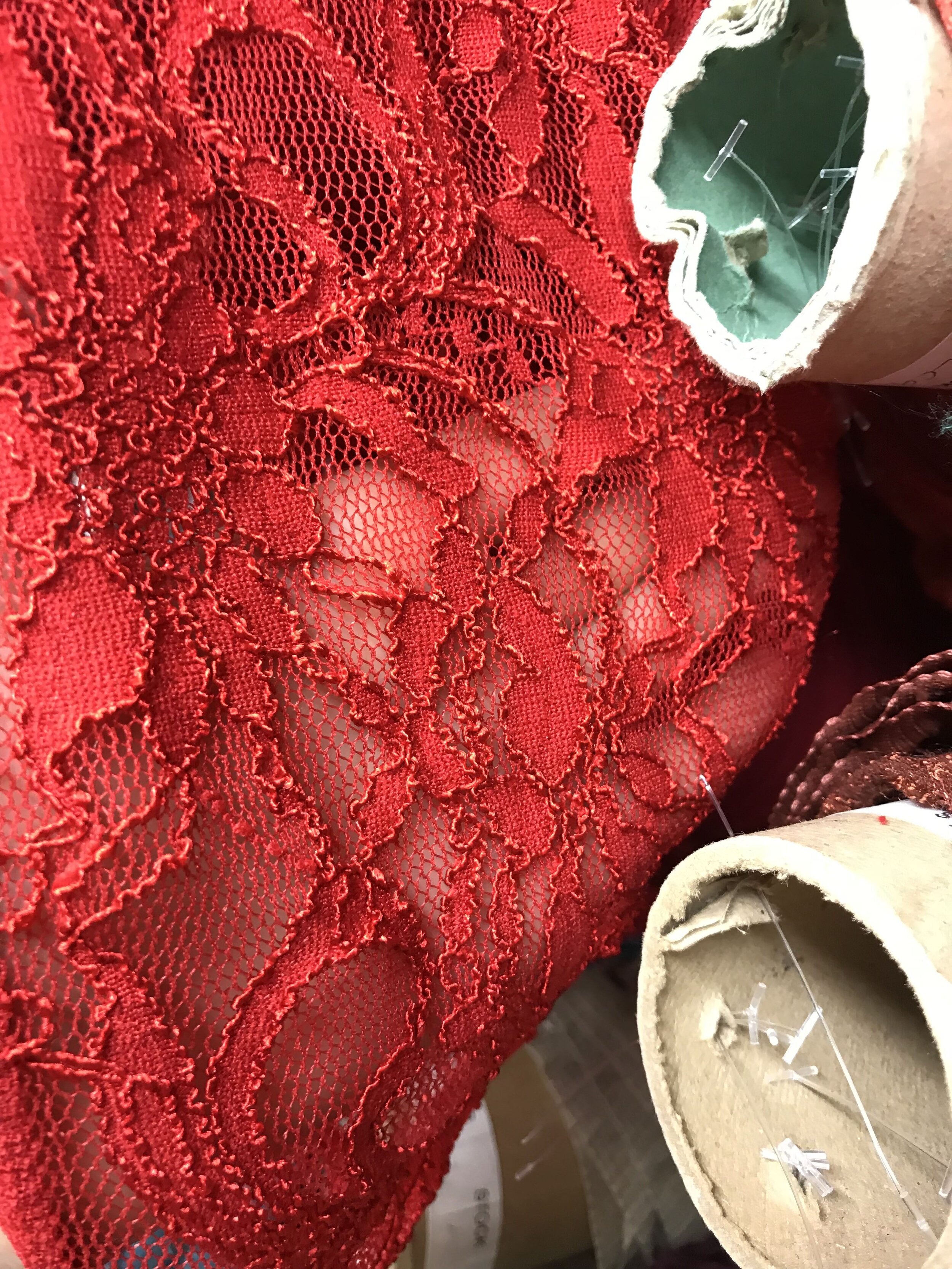 Fabric sourcing for "Lori" Little Red Riding Hood lace catsuit, S2