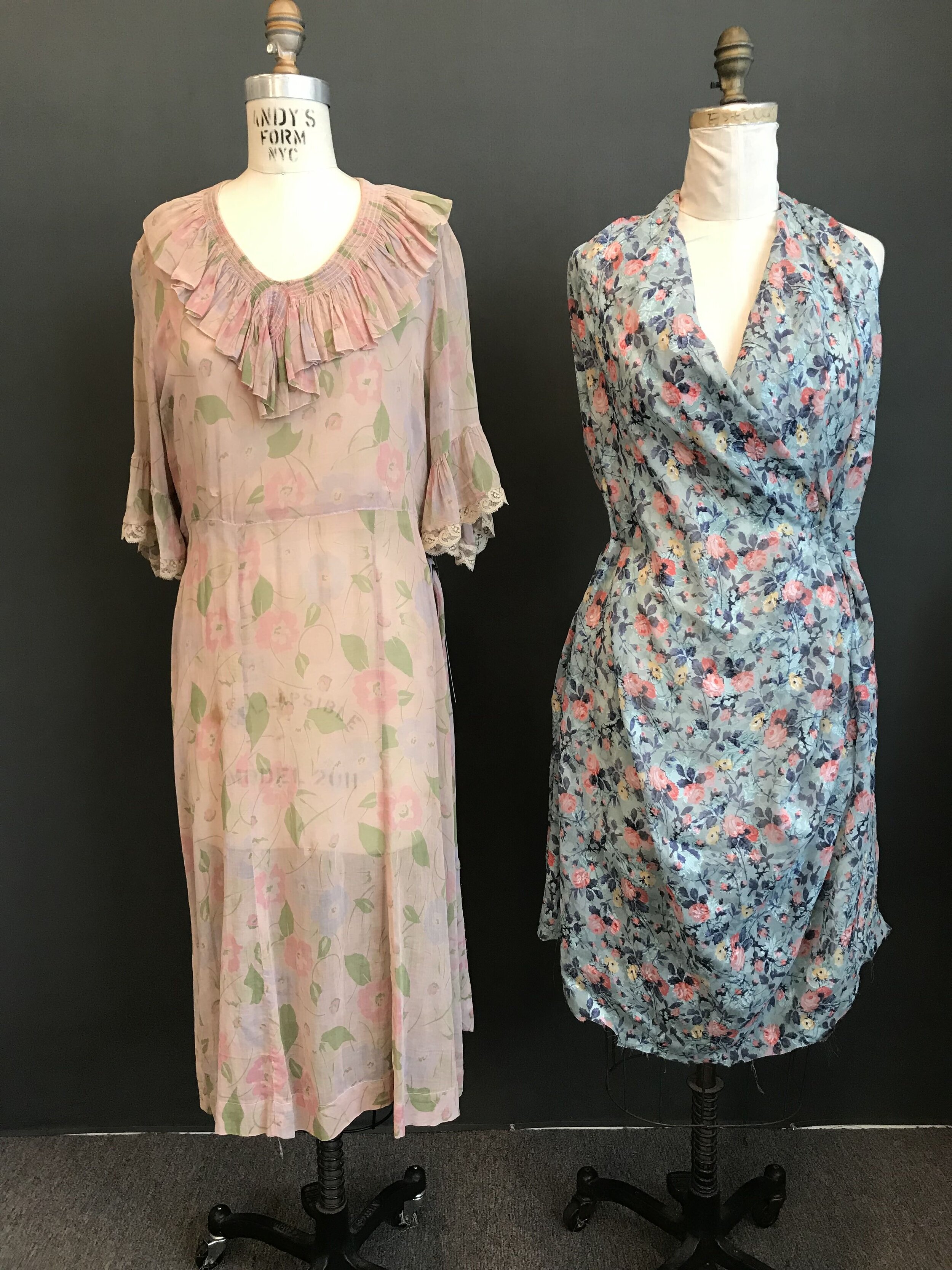 "Mindy" wedding dress.  Built using the pink vintage dress (left) as inspiration for the shape, remade using the blue fabric (right).