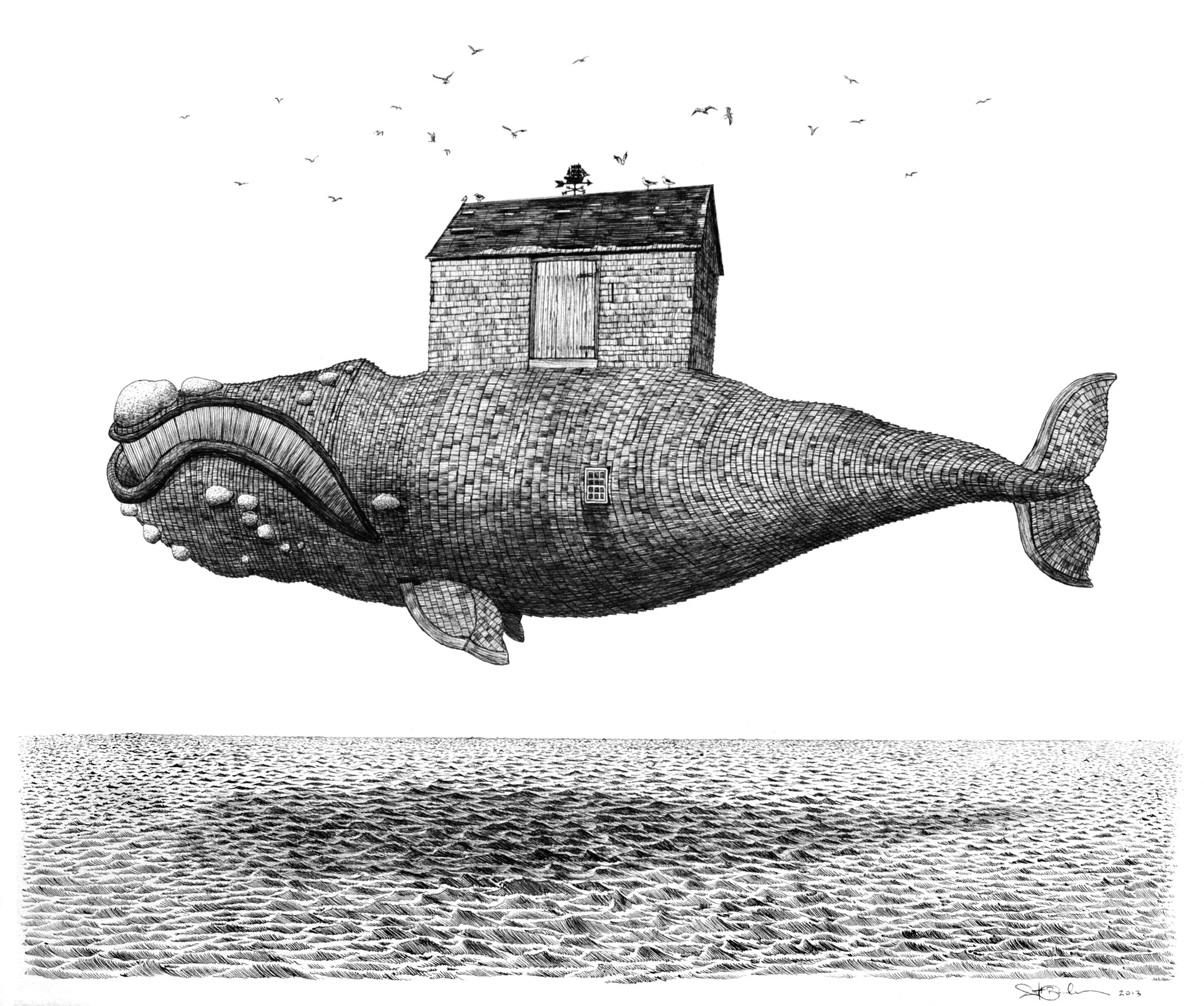 House of the Whale ink on paper 12" x 16" 2013 Available as a hand-colored solarplate etching on cotton rag paper, edition of 12. (original sold)
