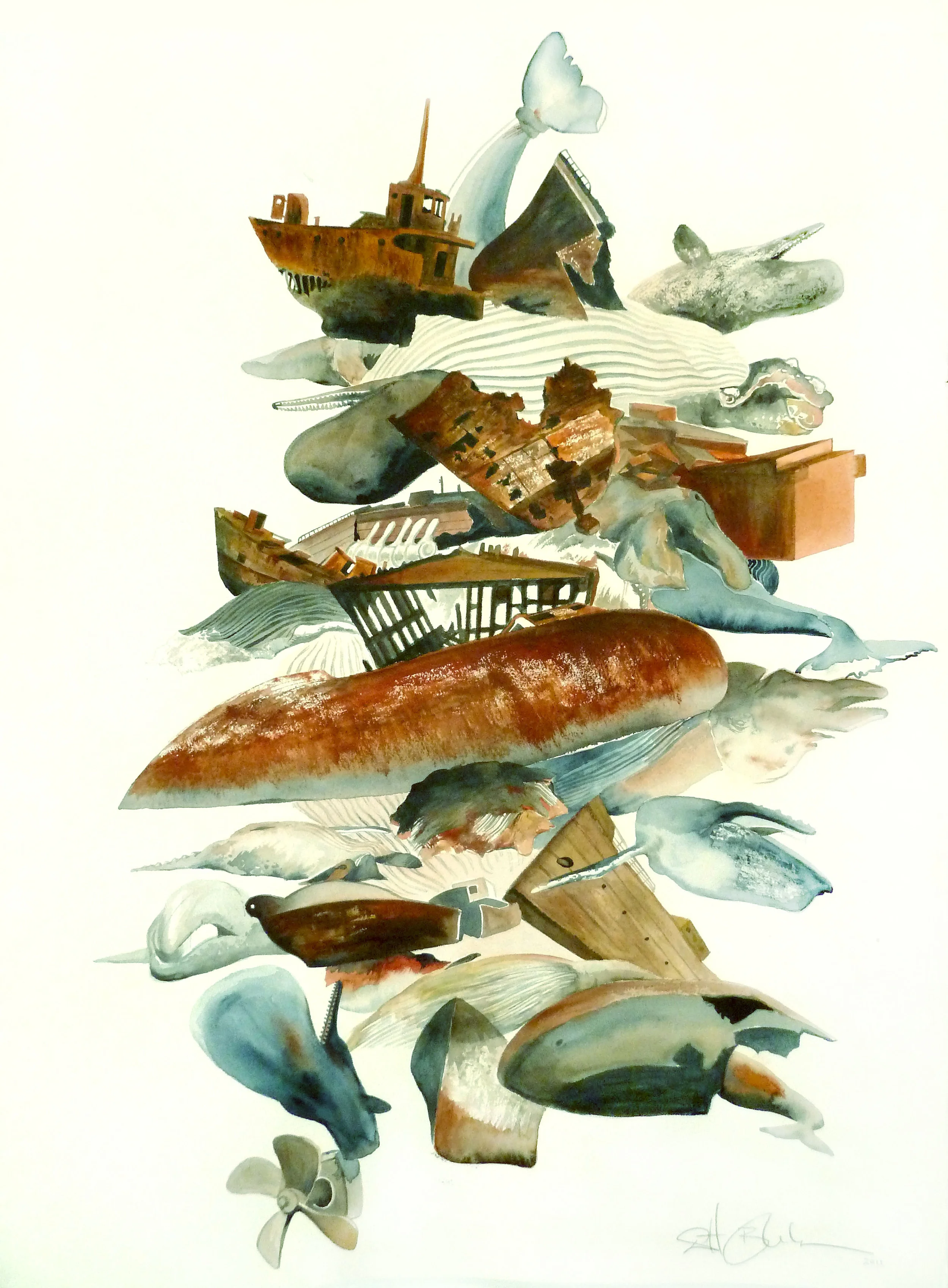 Eulogy for Cetaceans Watercolor on arches paper 30" x 20" 2011 (sold)