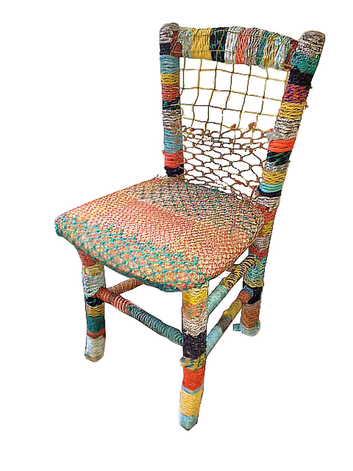    Warp Chair    found warp line, fishing net, bait trap, dining chair  36" x 22" x 18"  2012  (sold) 