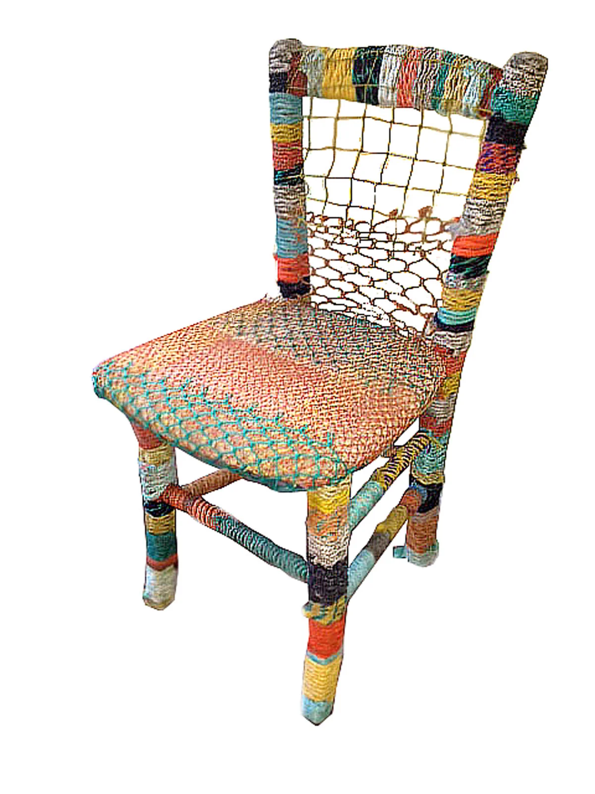 Warp Chair found warp line, fishing net, bait trap, dining chair 36" x 22" x 18" 2012 (sold)