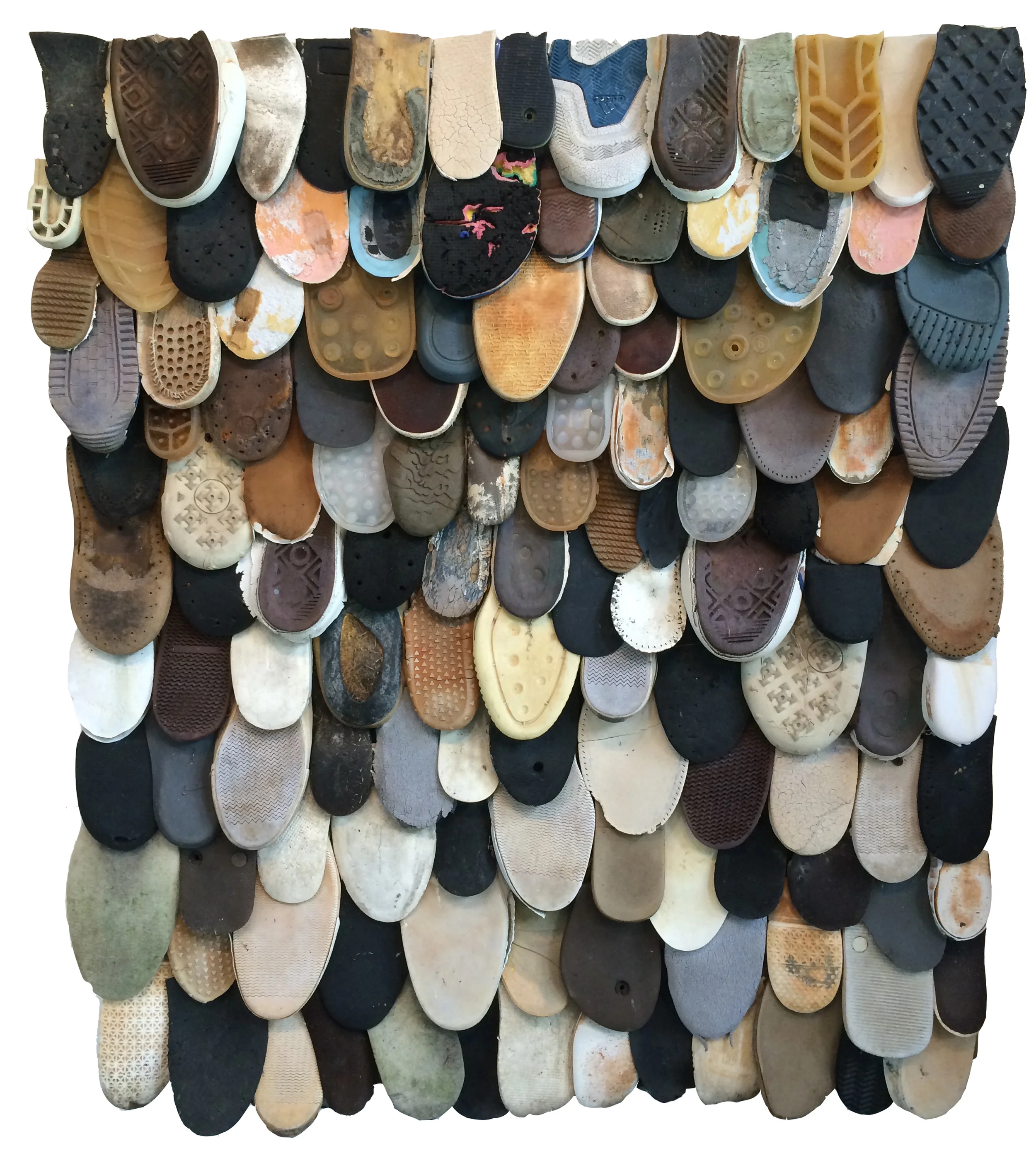 Lost Sou(u)l(e)s found shoe souls on wood panel 40" x 32" 2015 (Available)