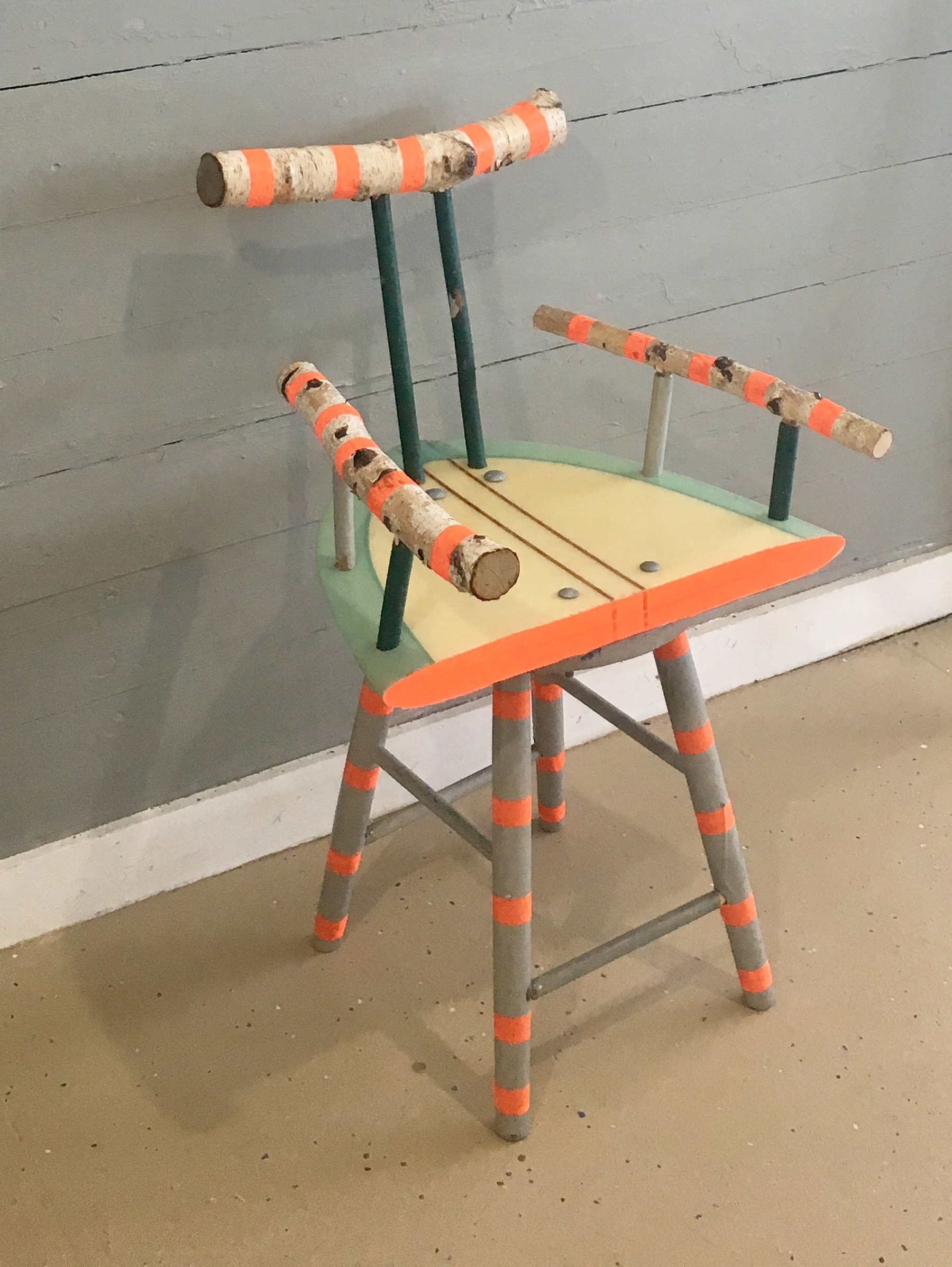    Barge Chair    birch, reclaimed surfboard, wooden dowel, safety tape  35" x 25" x 16"  2017  (sold) 