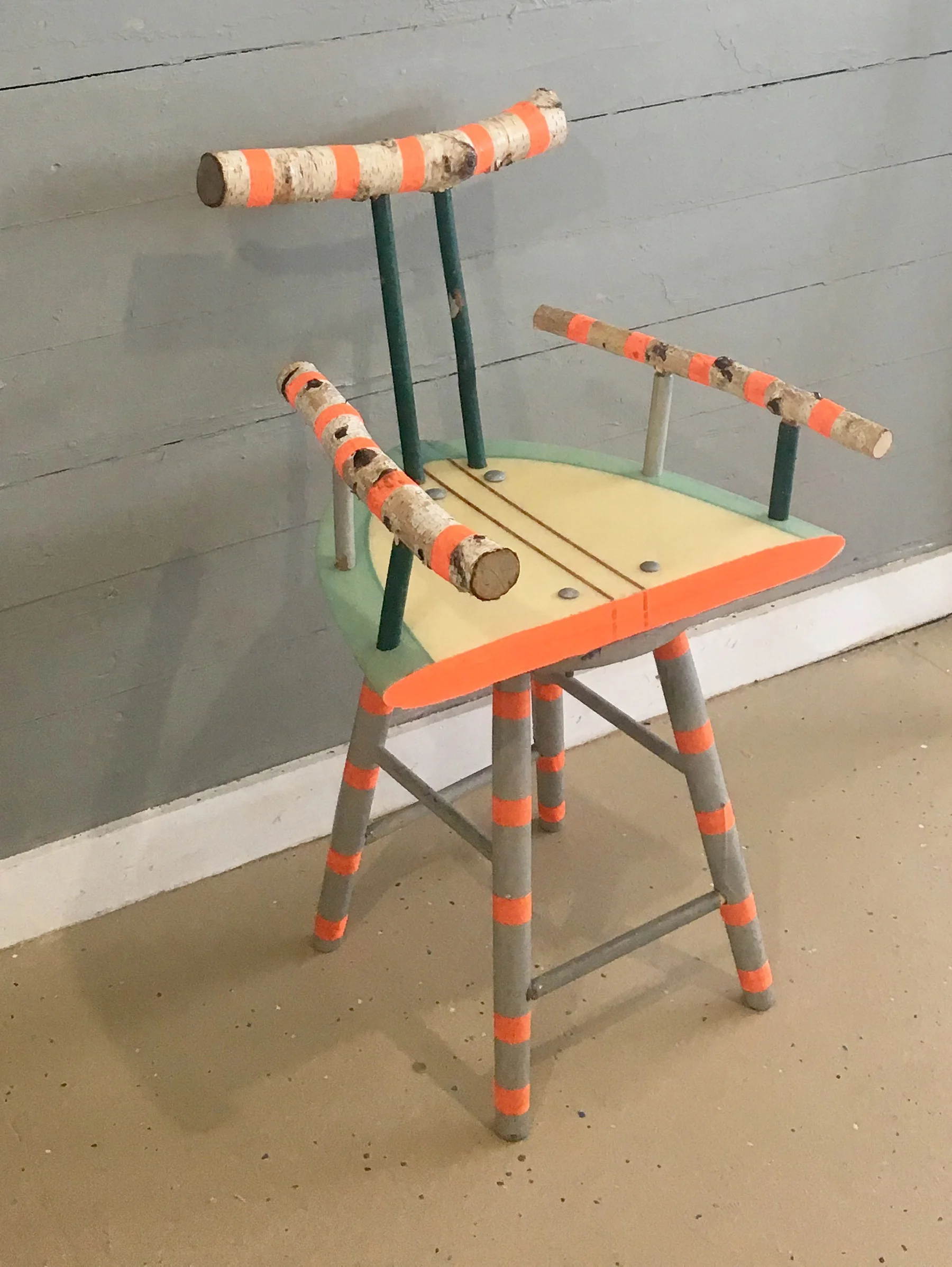 Barge Chair birch, reclaimed surfboard, wooden dowel, safety tape 35" x 25" x 16" 2017 (sold)