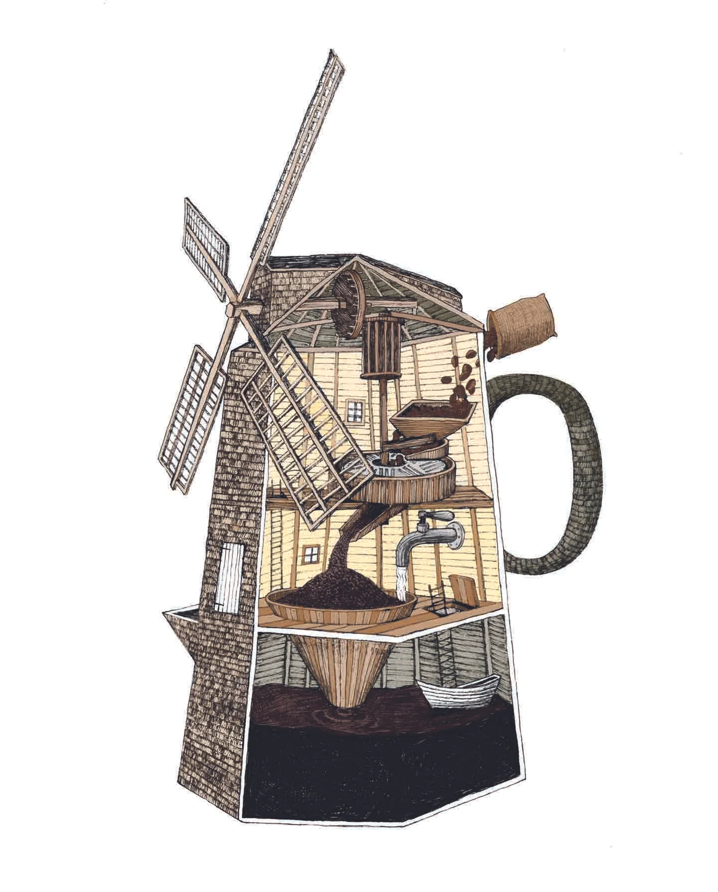 Grindstone Coffee Mill ink and digital Commissioned illustration for Grindstone Coffee Company 2016