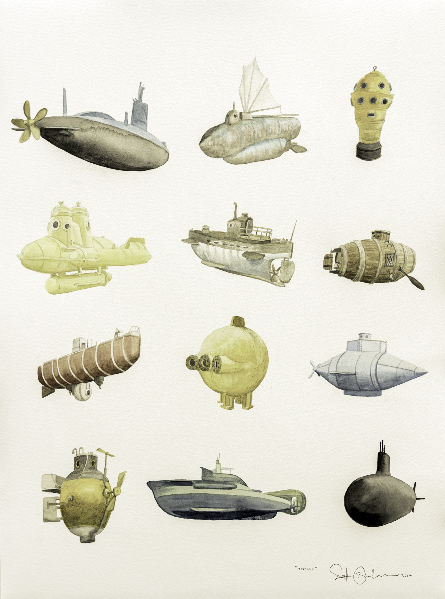Twelve Subs watercolor on paper 18" x 24" 2017 (Available as an archival digital giclee print on cotton rag paper, 16" x 20", edition of 50) (sold)