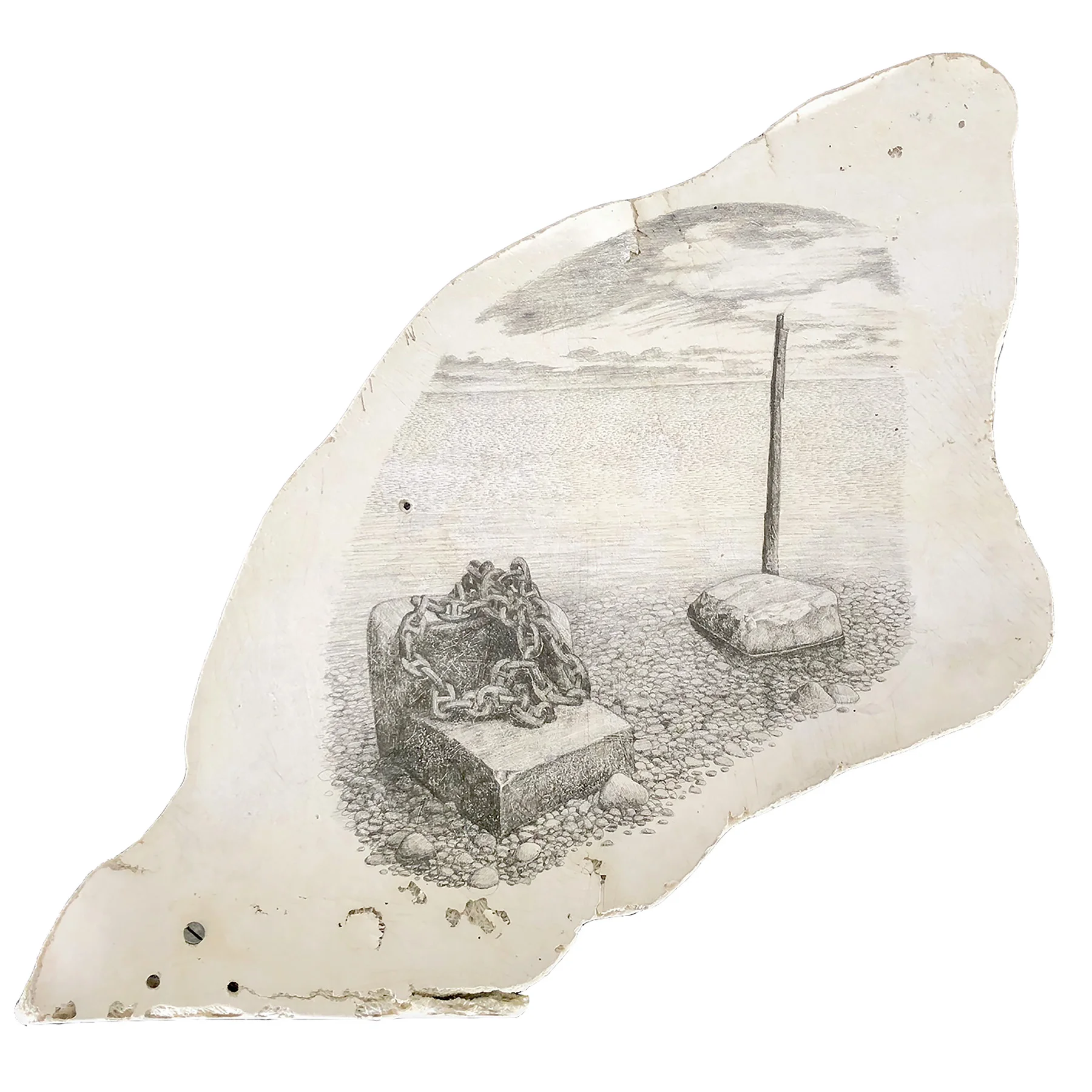 Sea/Sky II graphite on found fiberglass boat fragment approx. 20” x 18” 2018 (available)