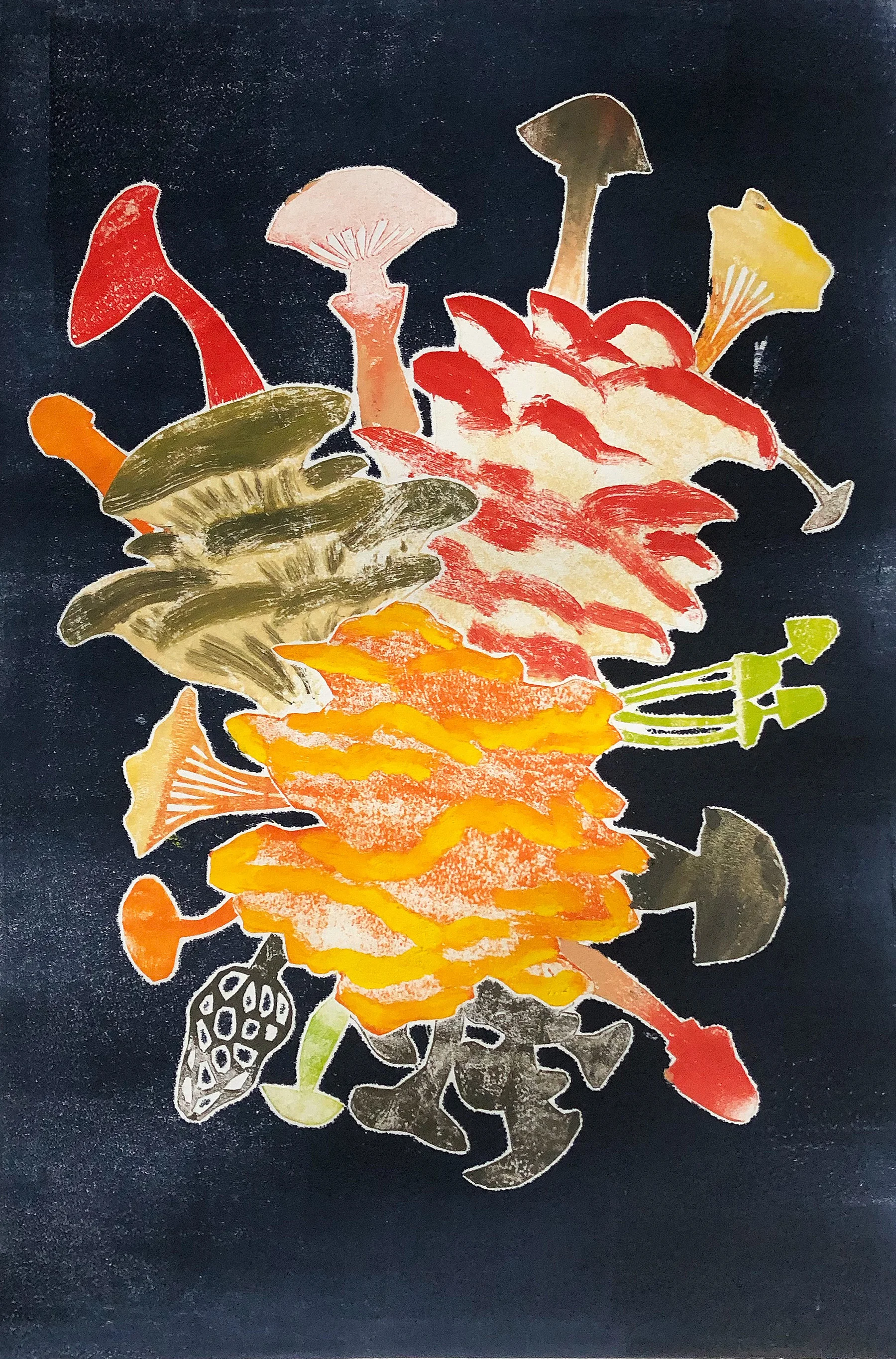 Mycocluster pochoir monoprint 17.75” x 12” unique 2018 (available)