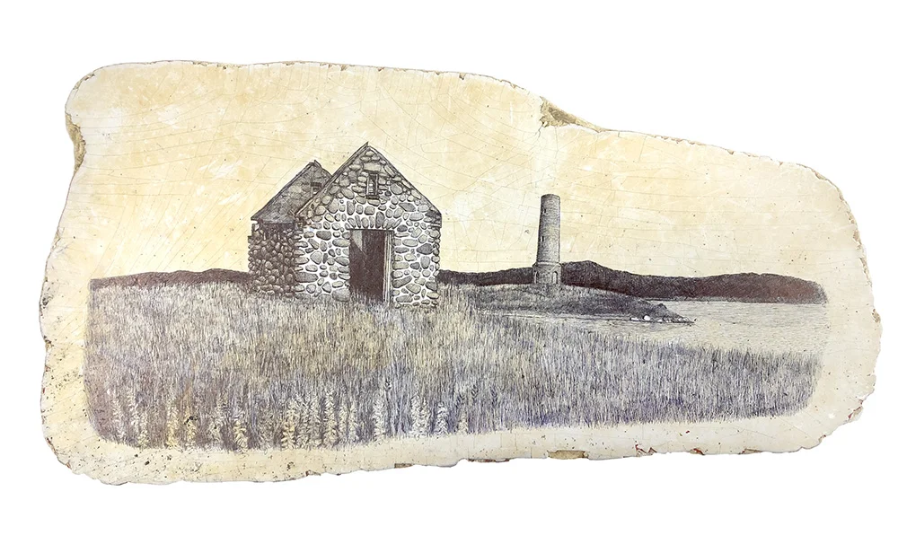 West End ballpoint pen and acrylic on found fiberglass fragment 7” x 14” 2018 (available)