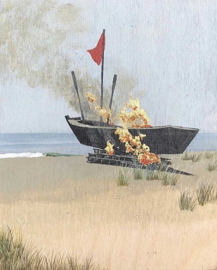 Pyre acrylic, color pencil, gold leaf on wood 7” x 5” 2018 (sold)