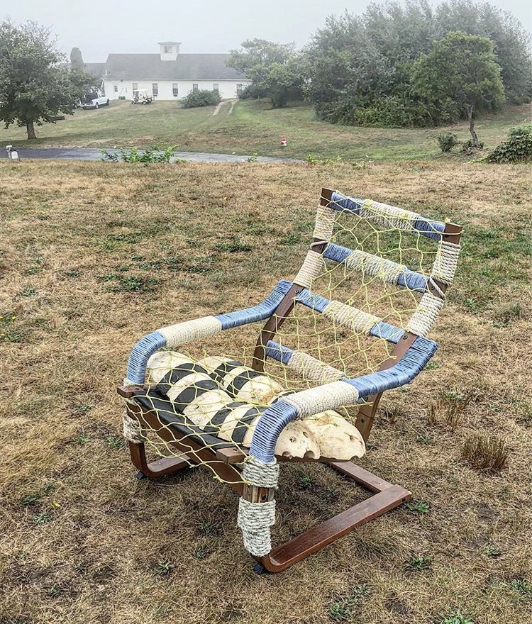    Cuttyhunk Chair    reclaimed chair frame, buoys, warp line, netting  40” x 36” x 30”  2018  (available) 