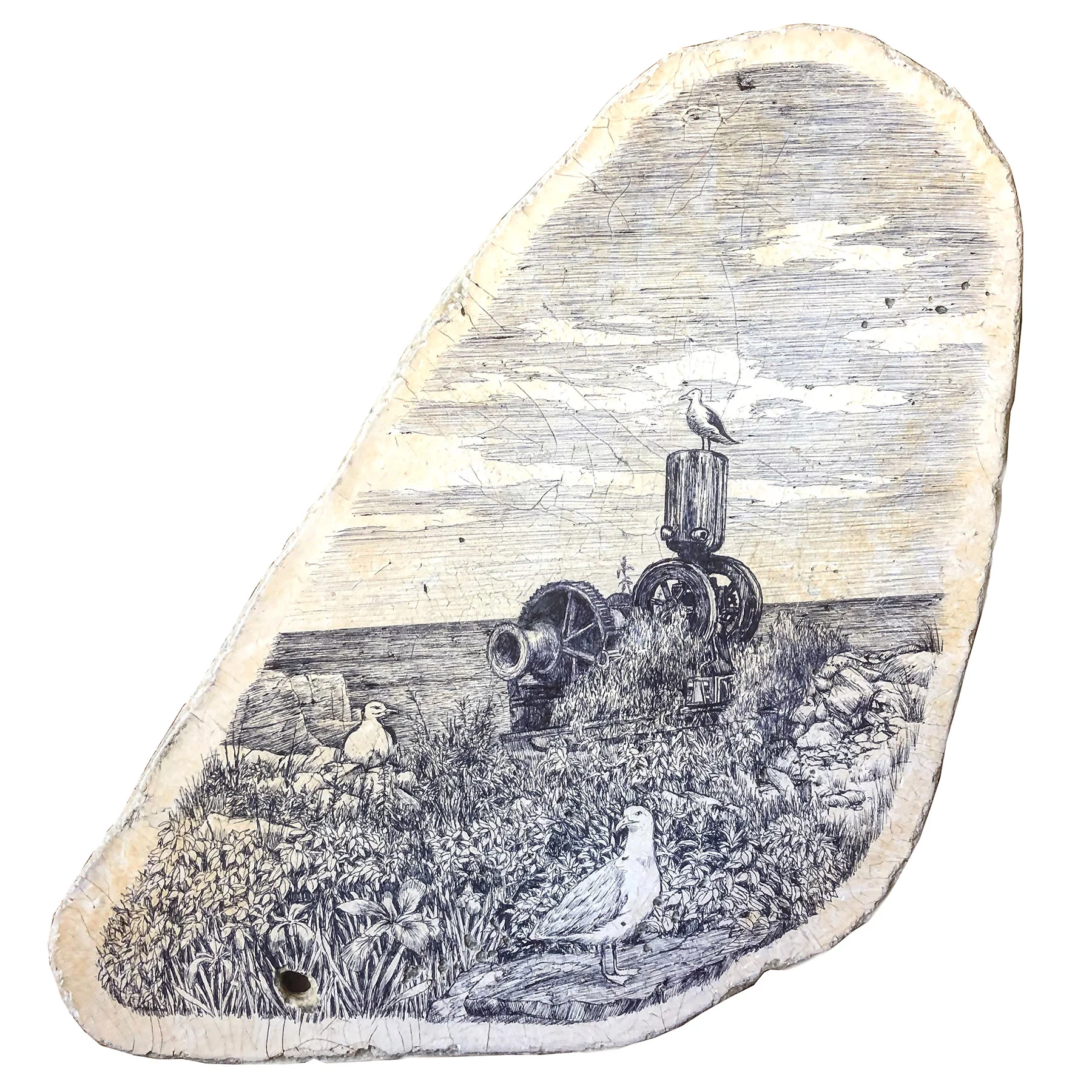 Isle of Gulls ballpoint pen on found fiberglass fragment 9.25” x 10” 2019 (available)