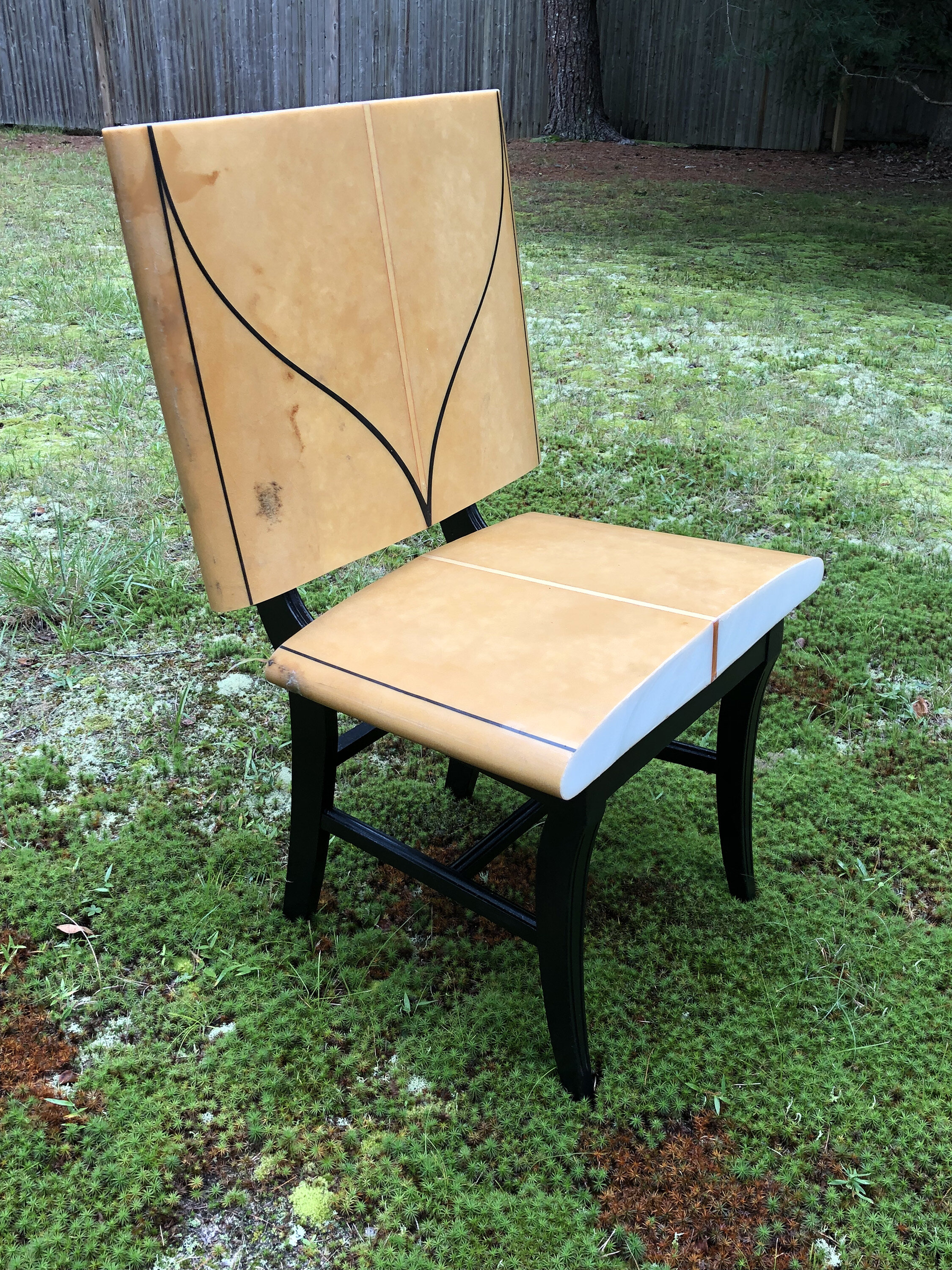    Arabesque Chair    reclaimed longboard, chair frame, latex paint, hardware  40” x 22” x20”  2019  (sold) 