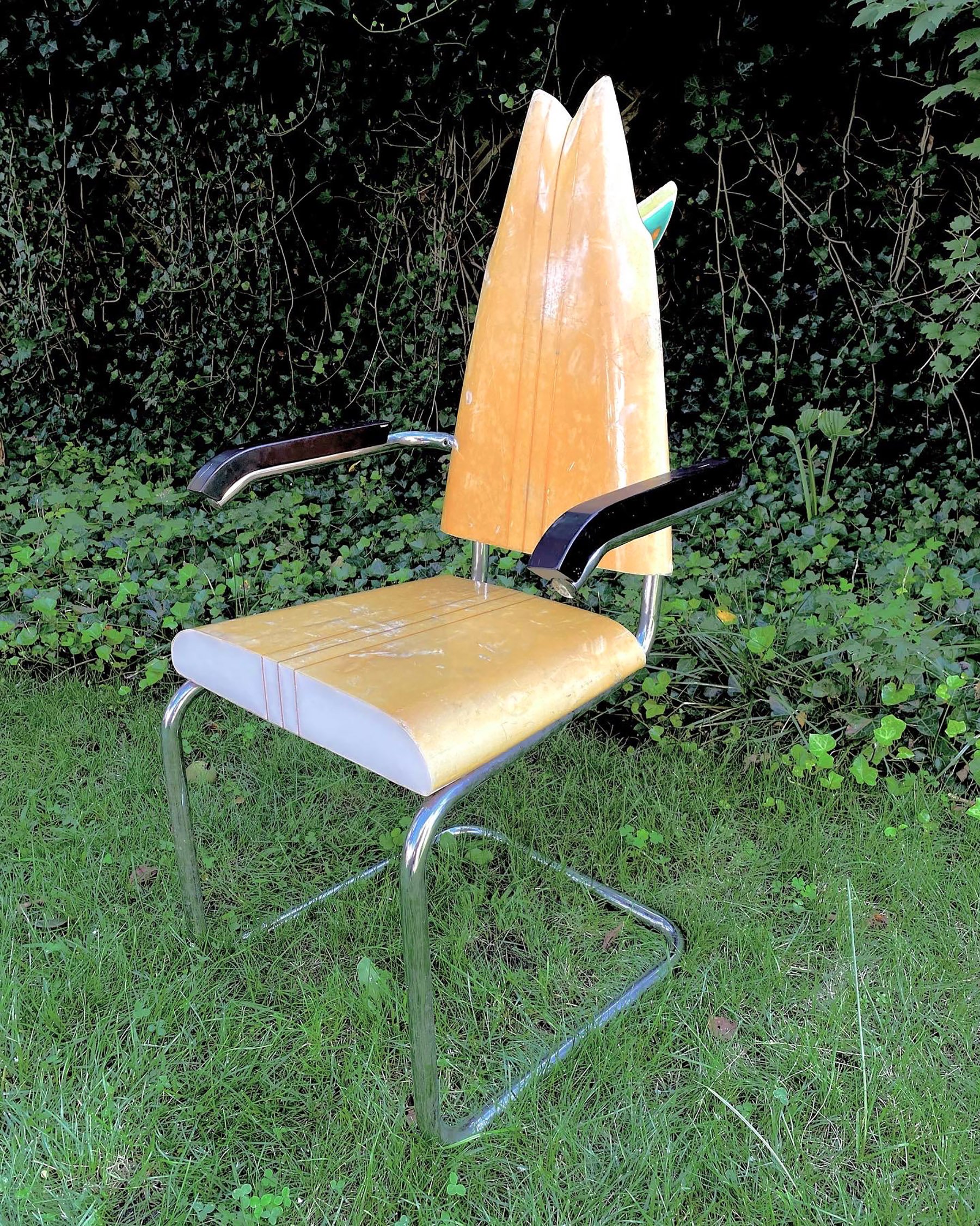    Monarch Chair    reclaimed vintage surfboard, chair frame, hardware  52” x 22” x 20”  2022  (available) 