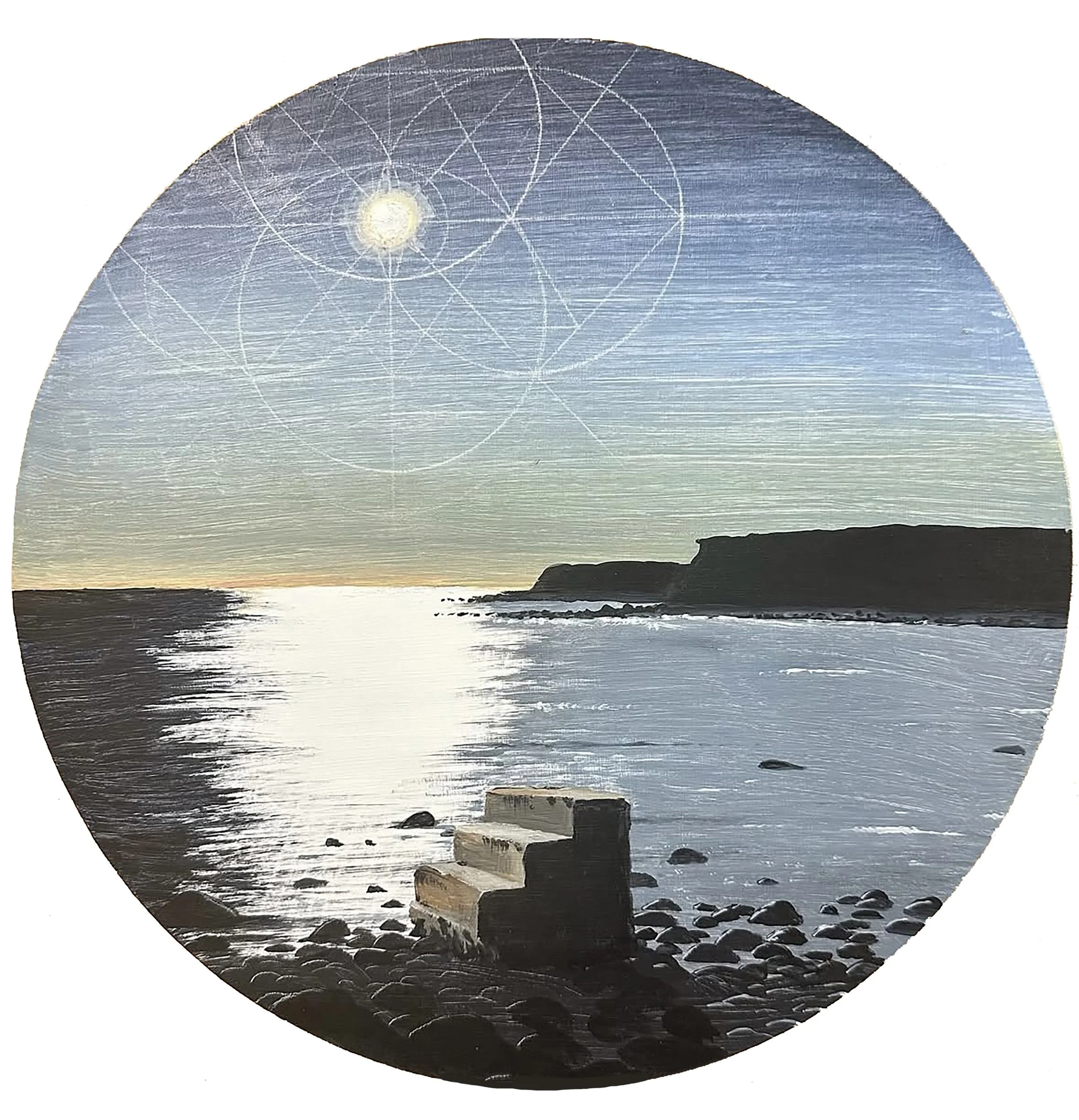 Dark Geometry acrylic and white charcoal on wood panel 12” diameter 2025 (sold)