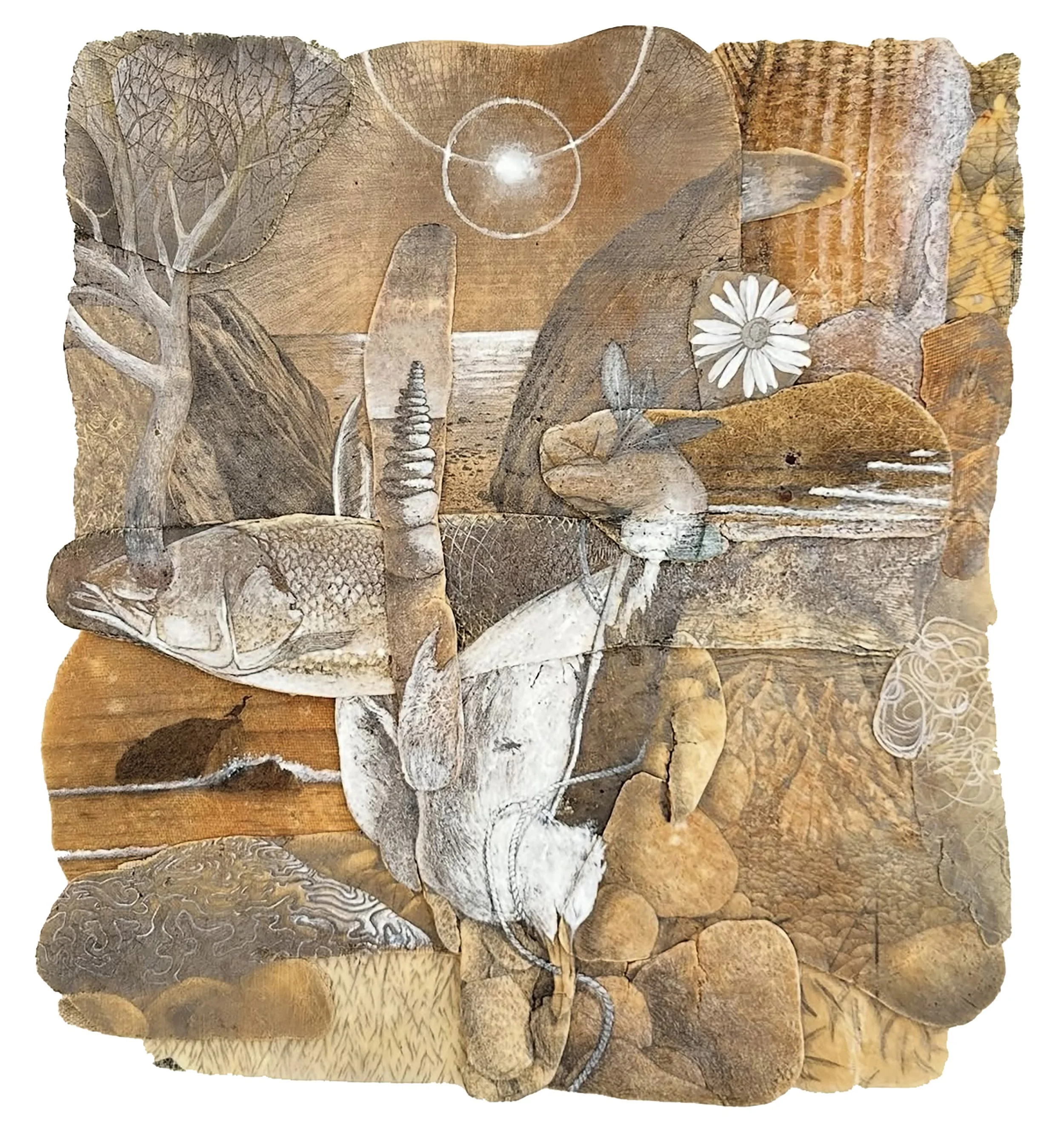    Montauk Metamorphosis    graphite and acrylic on found fiberglass and vinyl materials  26” x 21”  2025  (available) 