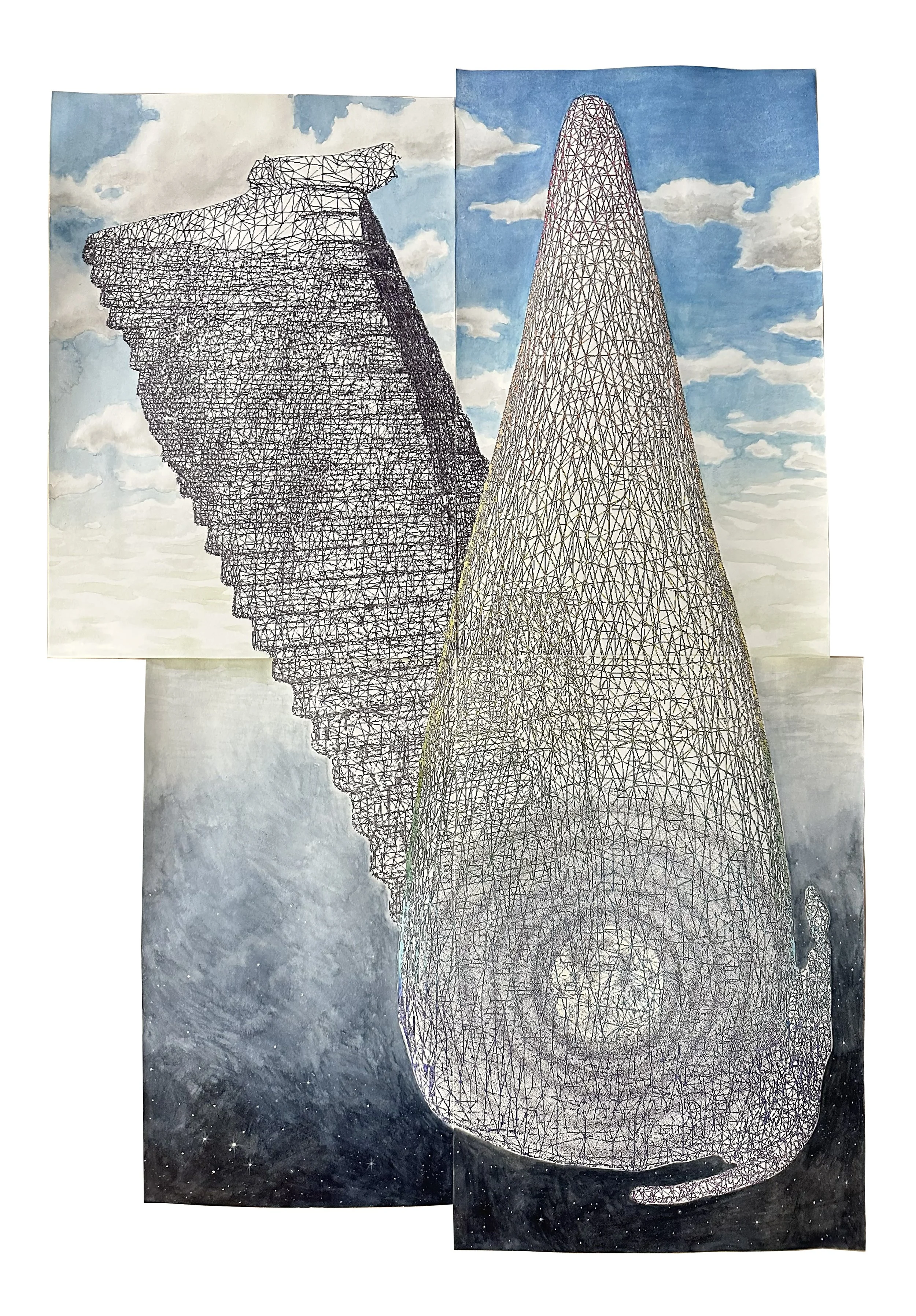    Sacred Well of the Moon    pen-plotter assisted ballpoint pen, watercolor, acrylic, pencil  32” x 21.5”  2026  (available) 