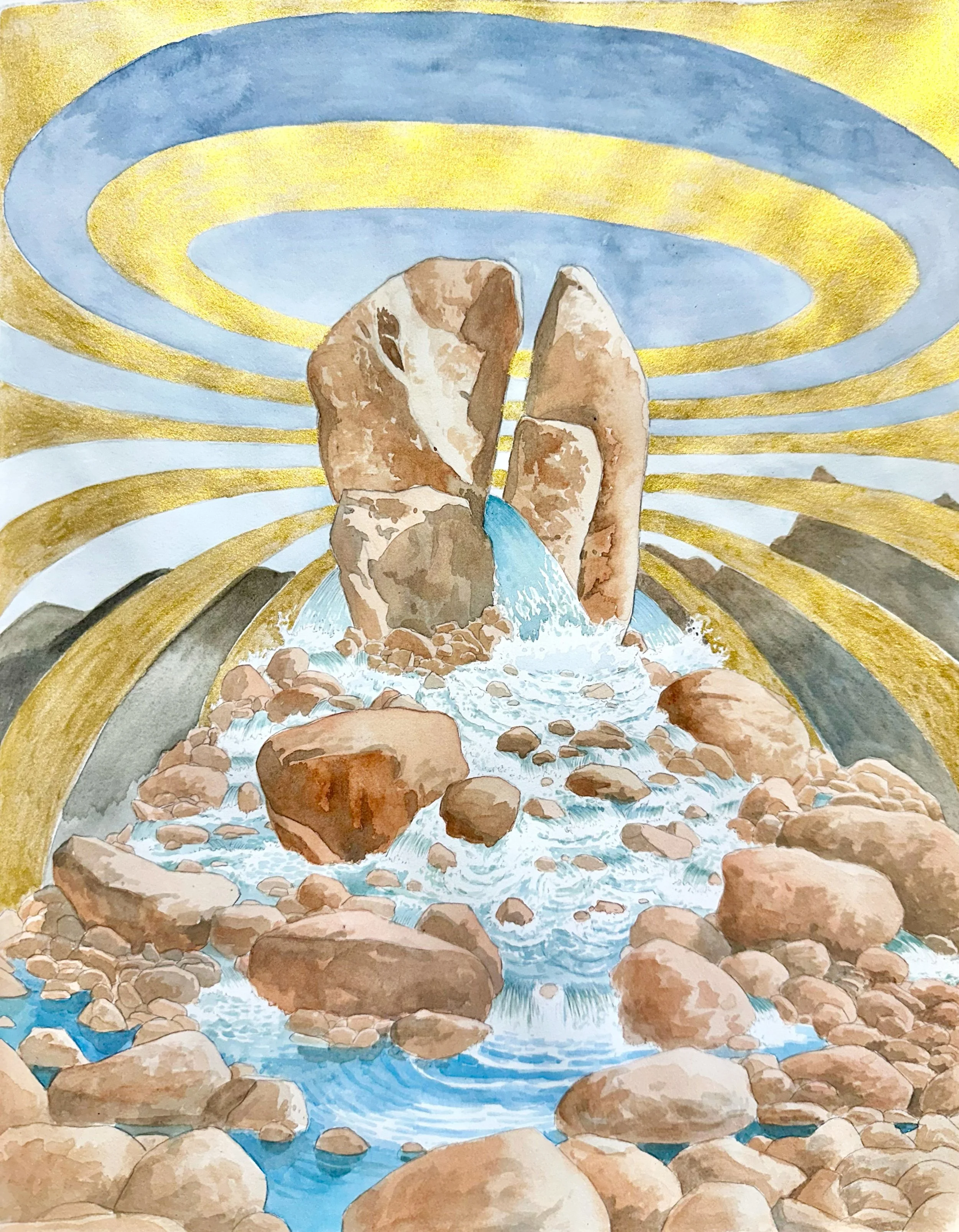    Split Rock of Horeb    watercolor, graphite and gold pigment on paper  14” x 11”  2026  (sold)   