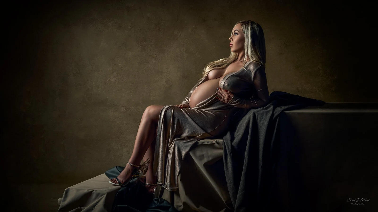 Sensual Maternity Photography: Mother-to-be in a luxurious setting for maternity photoshoot