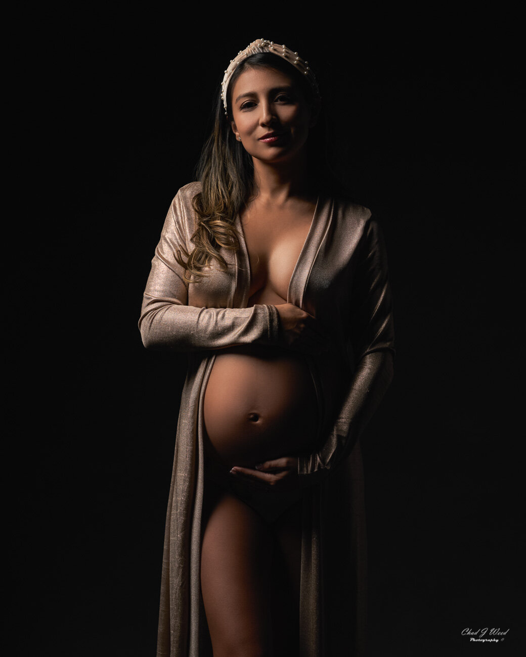 Mesa Maternity Photography - Beautiful pregnant mother in a silk robe, standing in dramatic side lighting