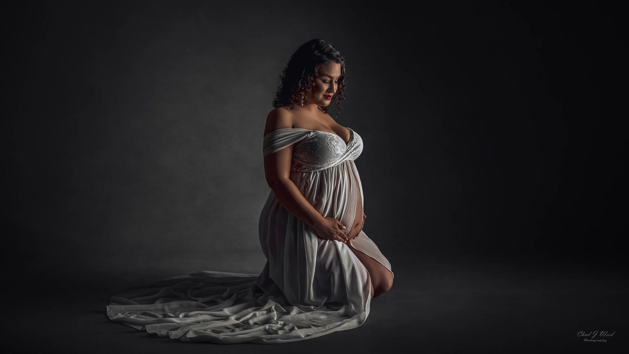 Fine Art Maternity Photography: Expectant mother with a hand on her belly, surrounded by delicate, artistic lighting