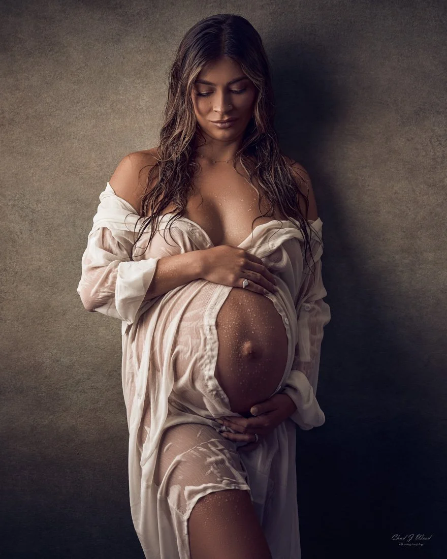 Mesa wet look maternity photography in white shirt
