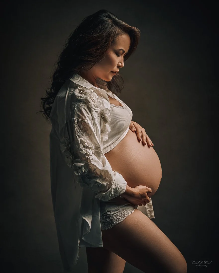 Maternity photography in button-down white shirt