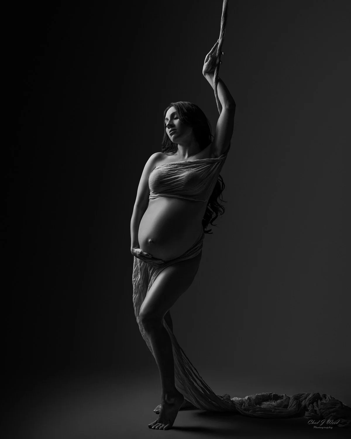 Elegant maternity photo with sheer fabric wrap with edgy lighting during an intimate maternity photography session