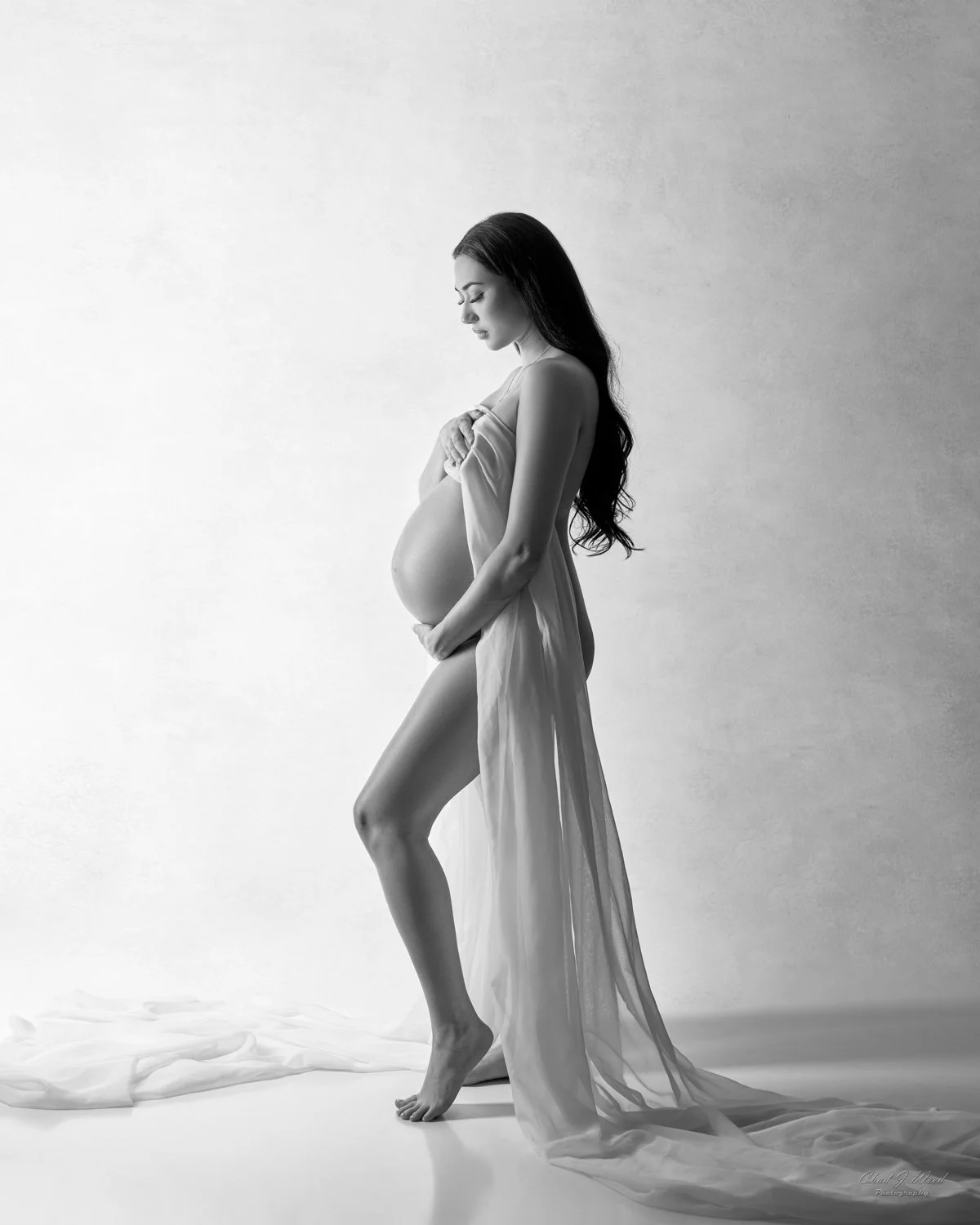 Standing maternity boudoir pose with flowing fabric