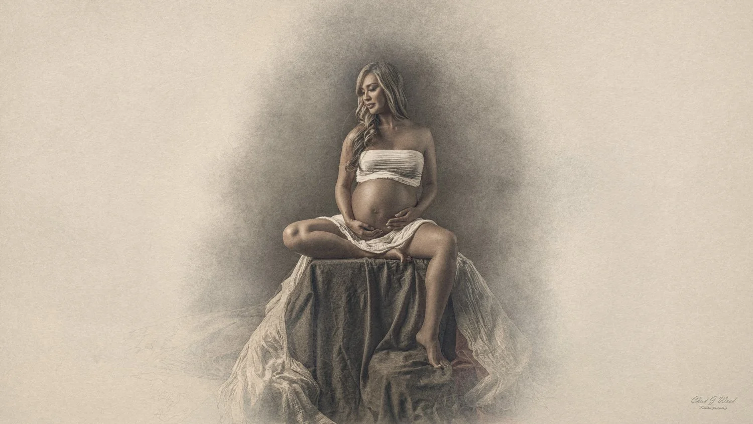 Fine Art Maternity Photoshoot Phoenix: Pregnant woman in a fine art setting, with soft shadows creating an elegant mood
