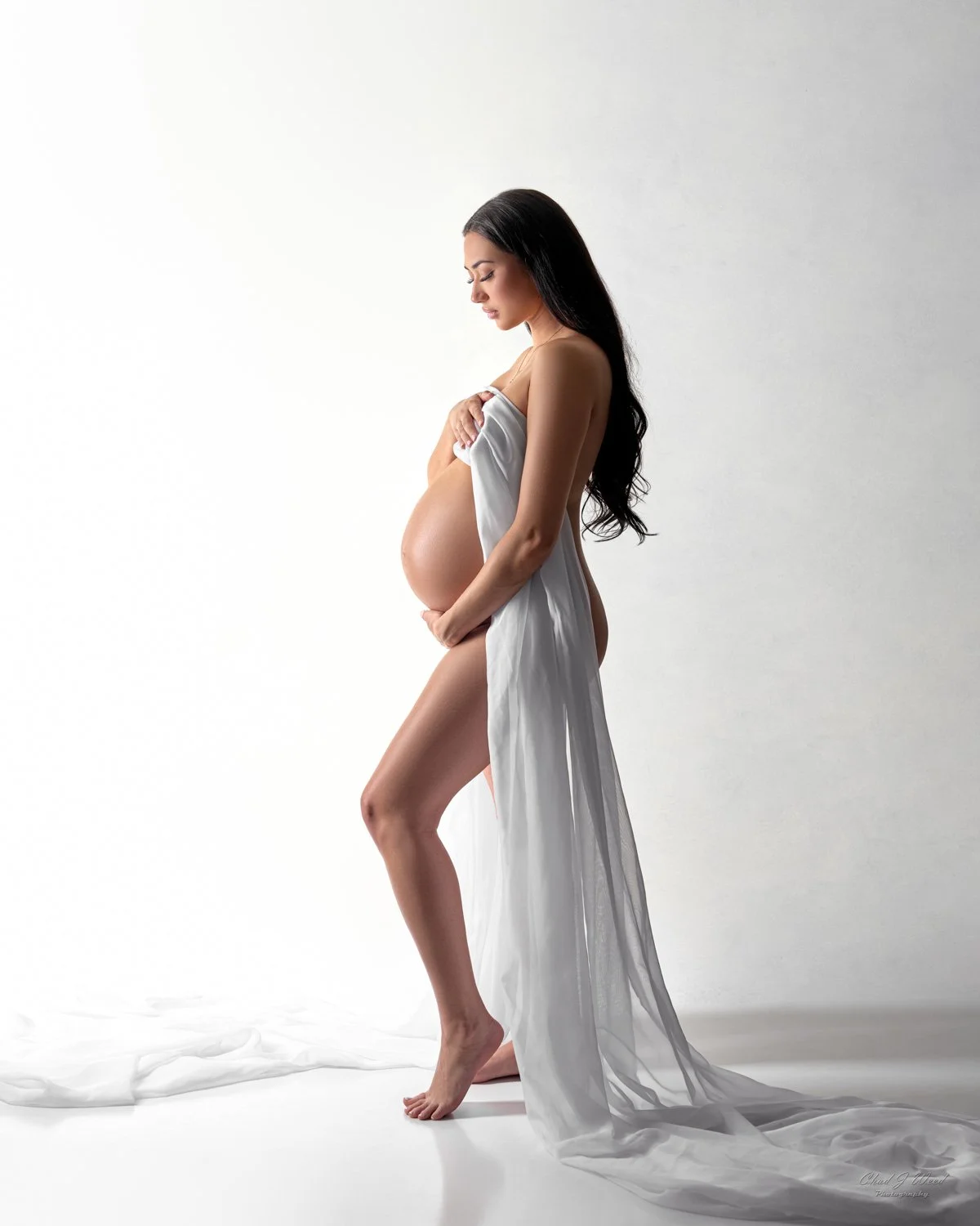 Intimate Maternity Photography - Pregnant woman standing with bent leg, draped in sheer material