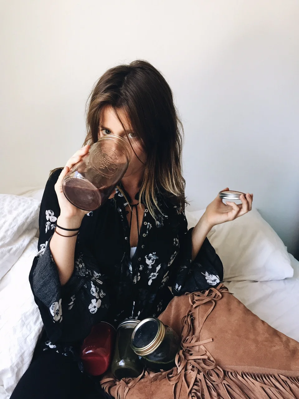 This is what I look like when I'm sick and friends bring me fresh pressed juices in mason jars to drink in bed. Oh, Los Angeles life.
