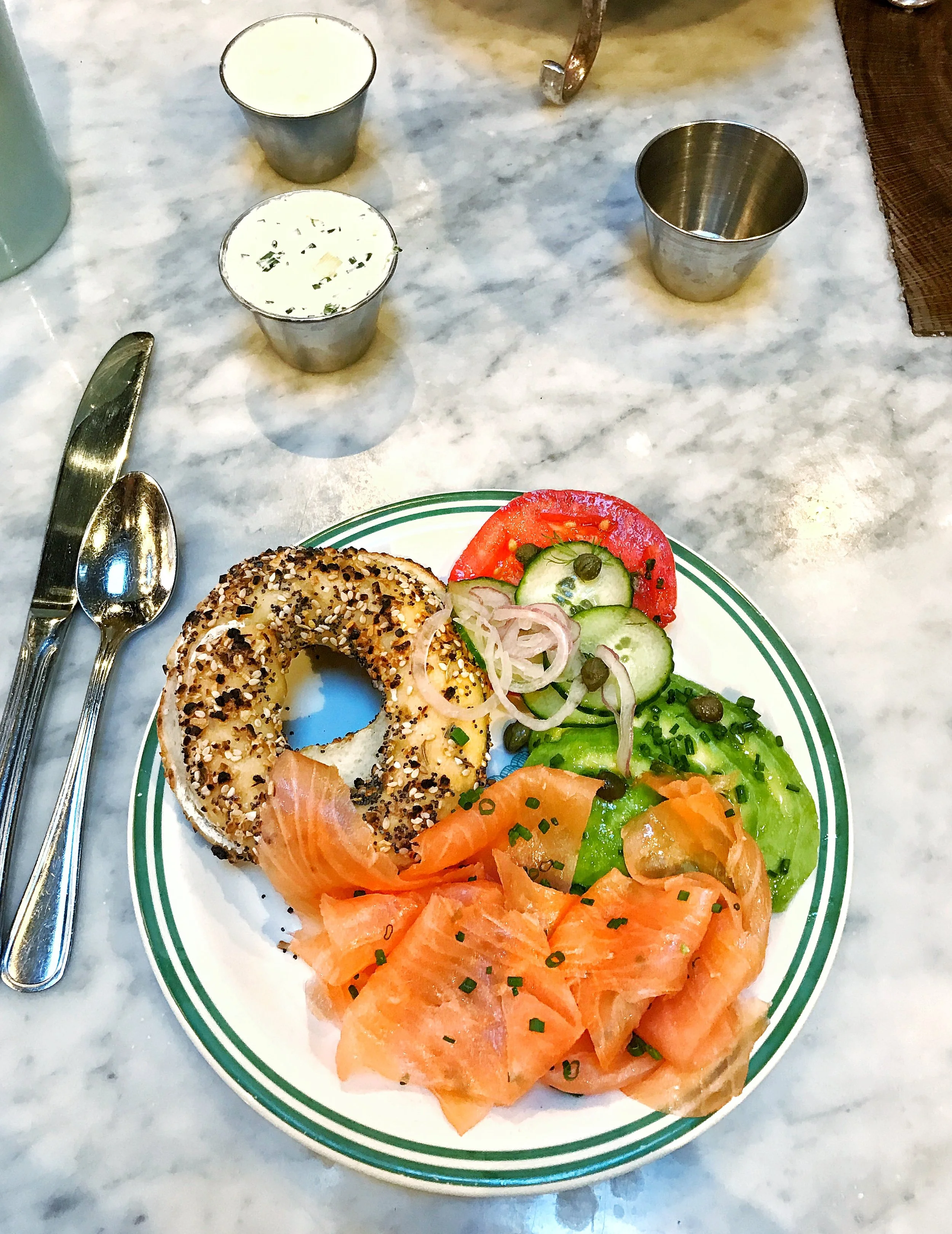 Good 'ol fashion bagel with the works. Plus avocado. 
