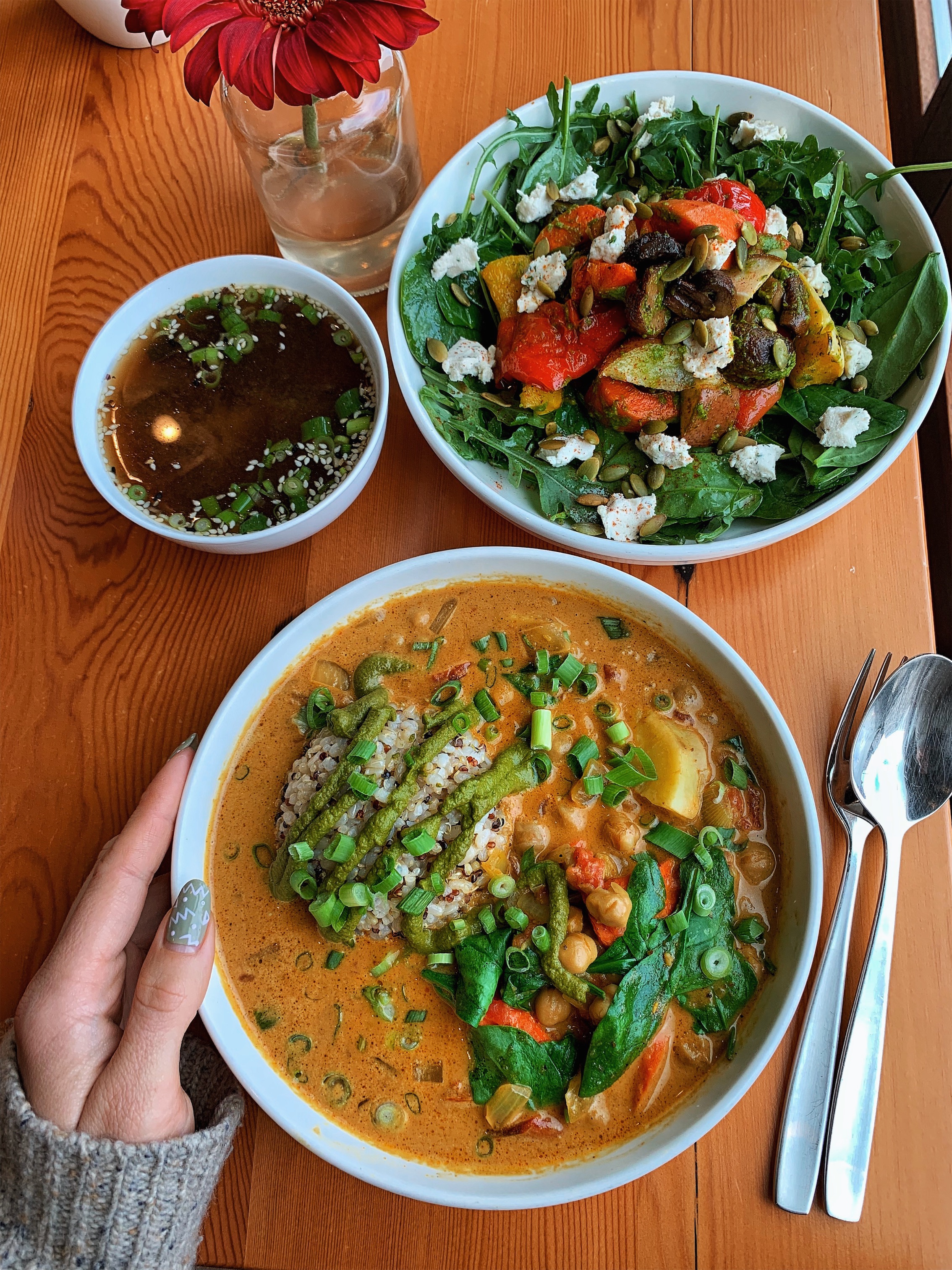 Yellow curry, roasted vegetable salad and mushroom broth at Root Whole Body, post massage