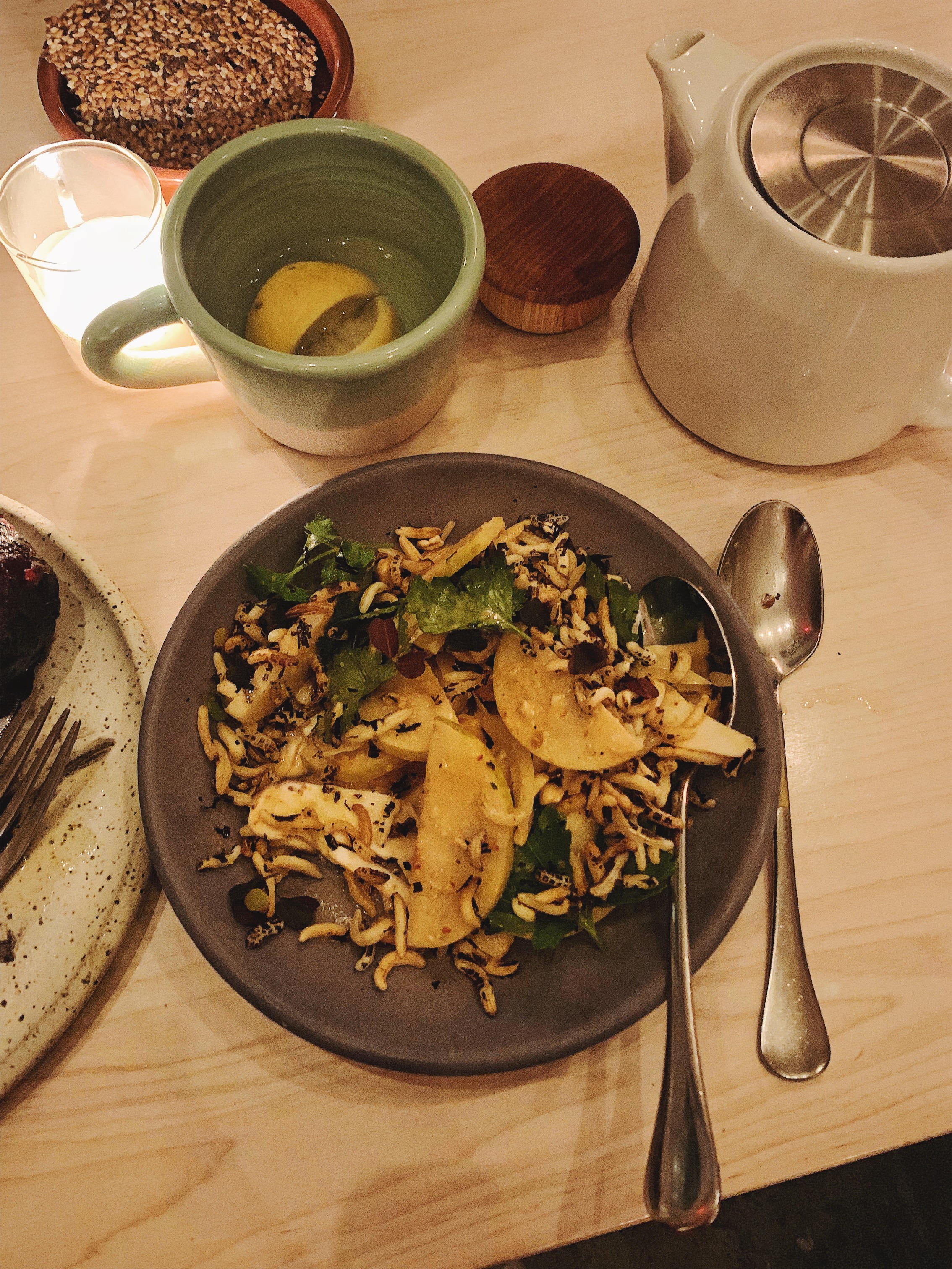 Puffed rice, mushroom and pear salad with herbs at Tusk