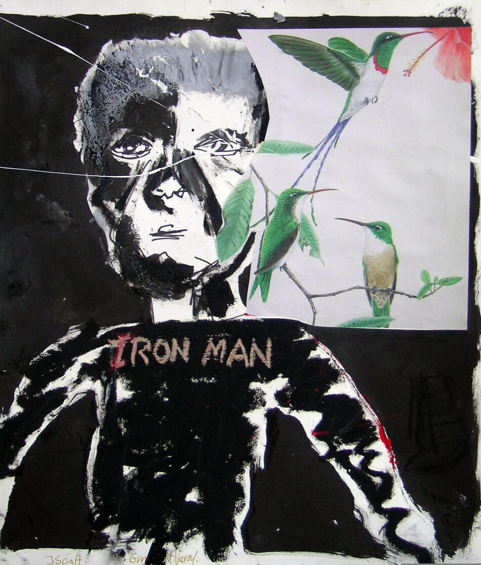 Iron Men Hummingbird Keeper 2005 Mixed Media on Paper on Panel 11 x 14 inches Available 