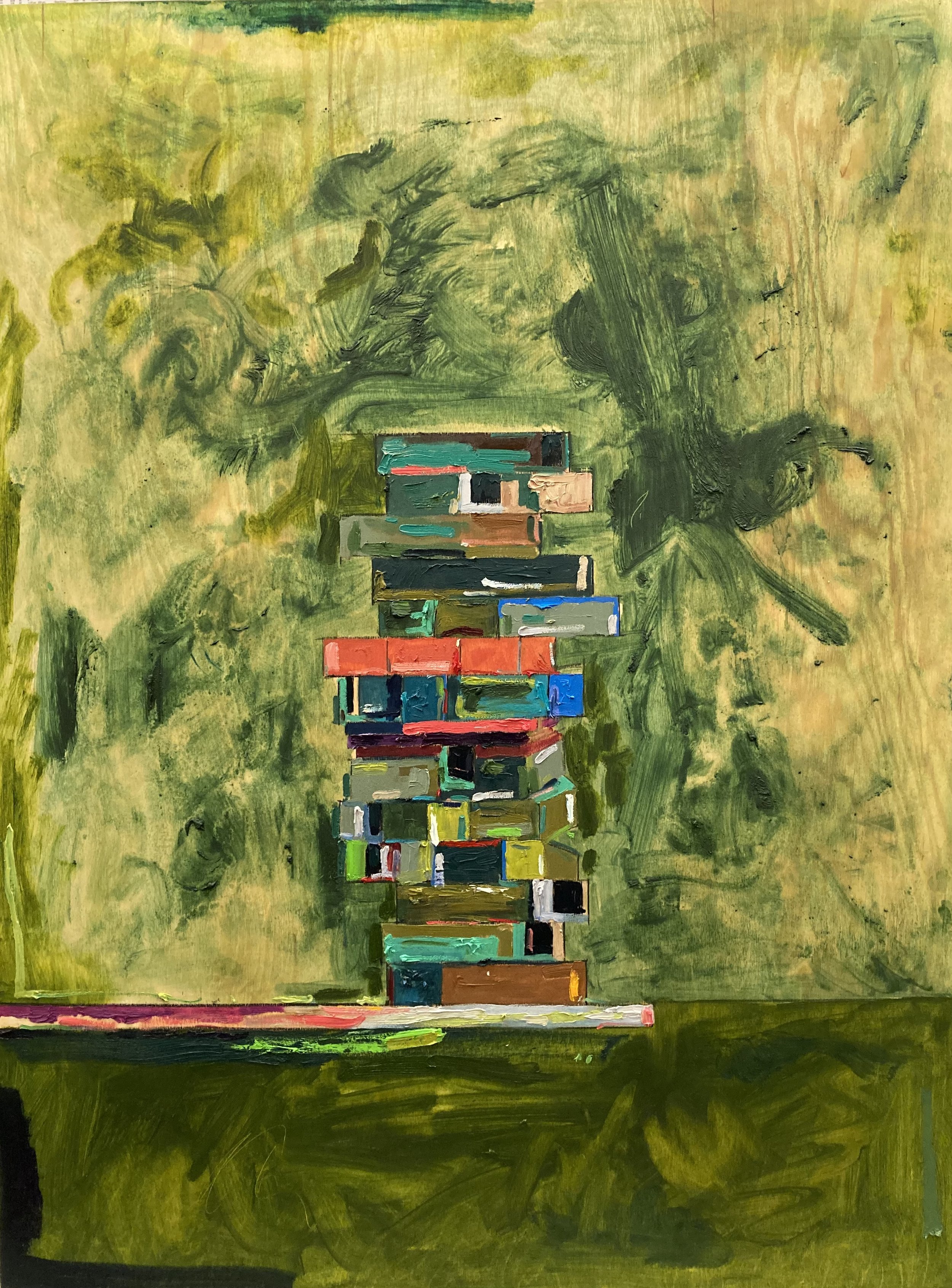 Green Living Escalation Party  2021  Oil on Panel  48 x 36 inches $3600 Available