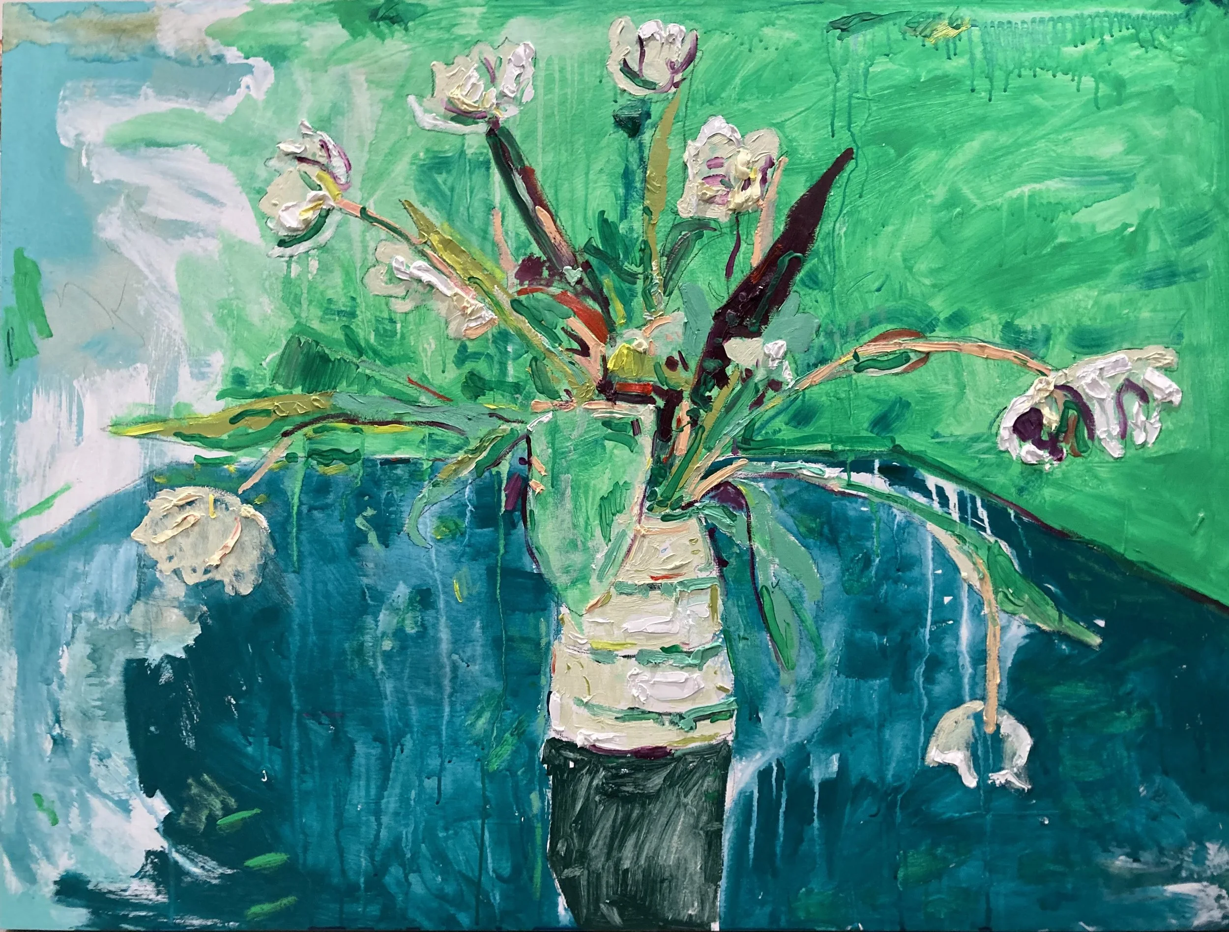 Garden Tulips, 2025, Gouache, Acrylic and Oil on Panel, 36 x 48 inches Available