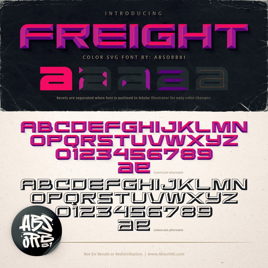 FREIGHT
NEW COLOR SVG FONT &bull; Now Available!

**Not all programs support SVG fonts, so PLEASE download the free version (with only 1 letter) first to see how it works with your setup**

Included in the download folder are vector files with every 