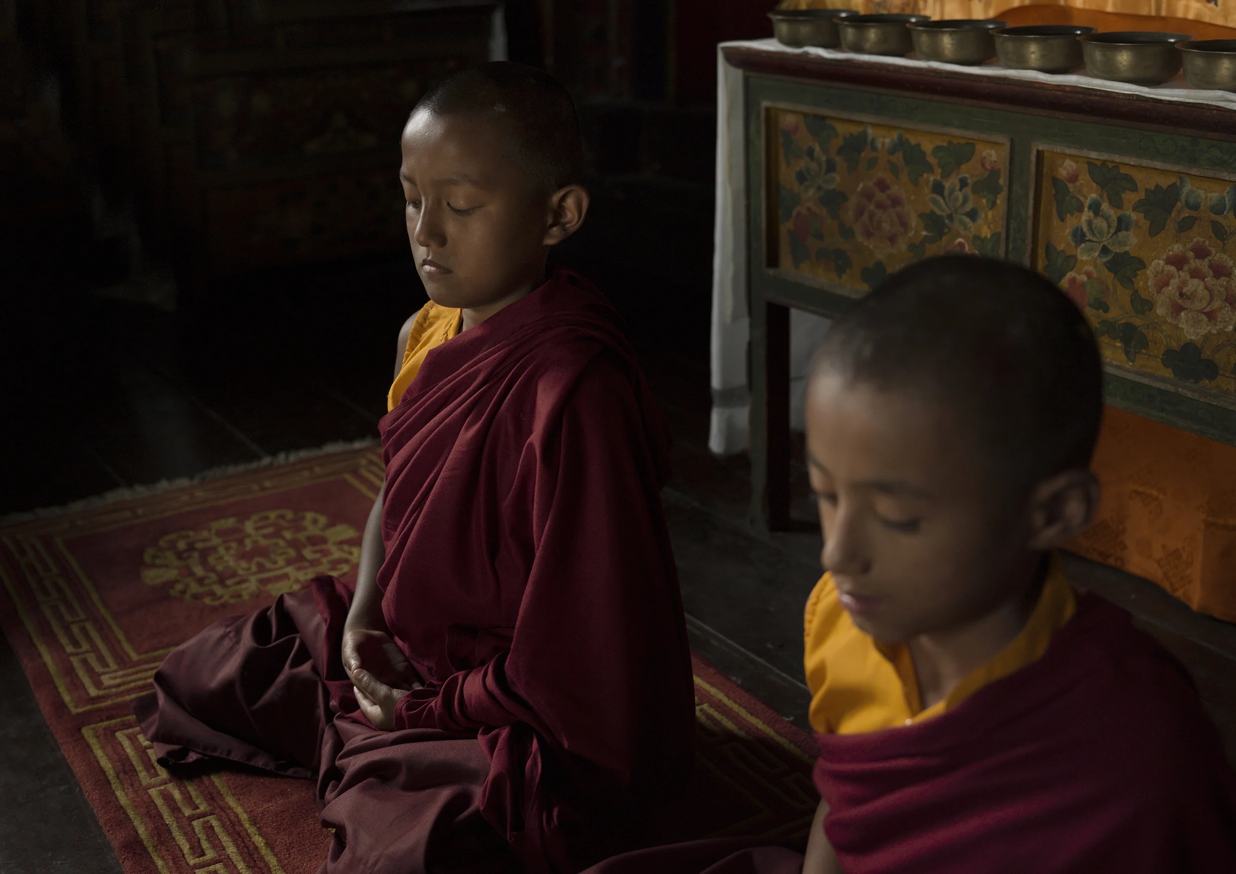 Young Buddhistic monks meditating, Sikhim.