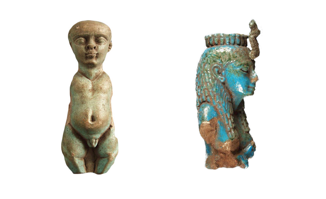 Figure 3. Fine faience figurine of the god Ptah, in the form of a dwarf and faience figurine of the goddess Isis (National History Museum of Ireland)