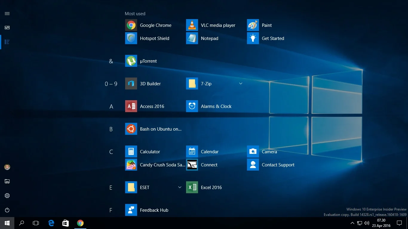 Tablet Mode All Apps List
