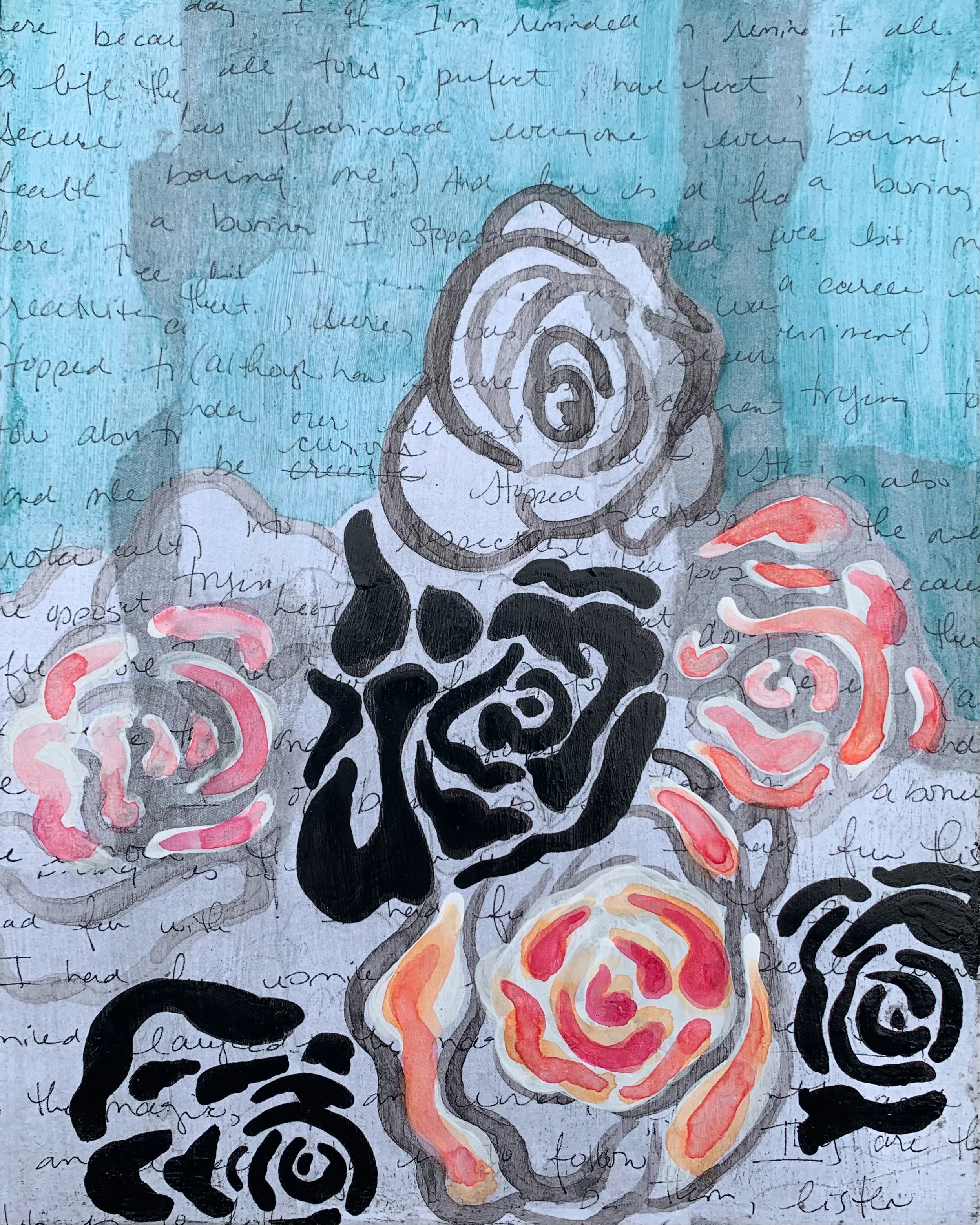  Rose Reflections, mixed media, watercolour on watercolour ground, india ink, acrylic on canvas board, 10in x 8in (ready to hang in repurposed frame)  SOLD  