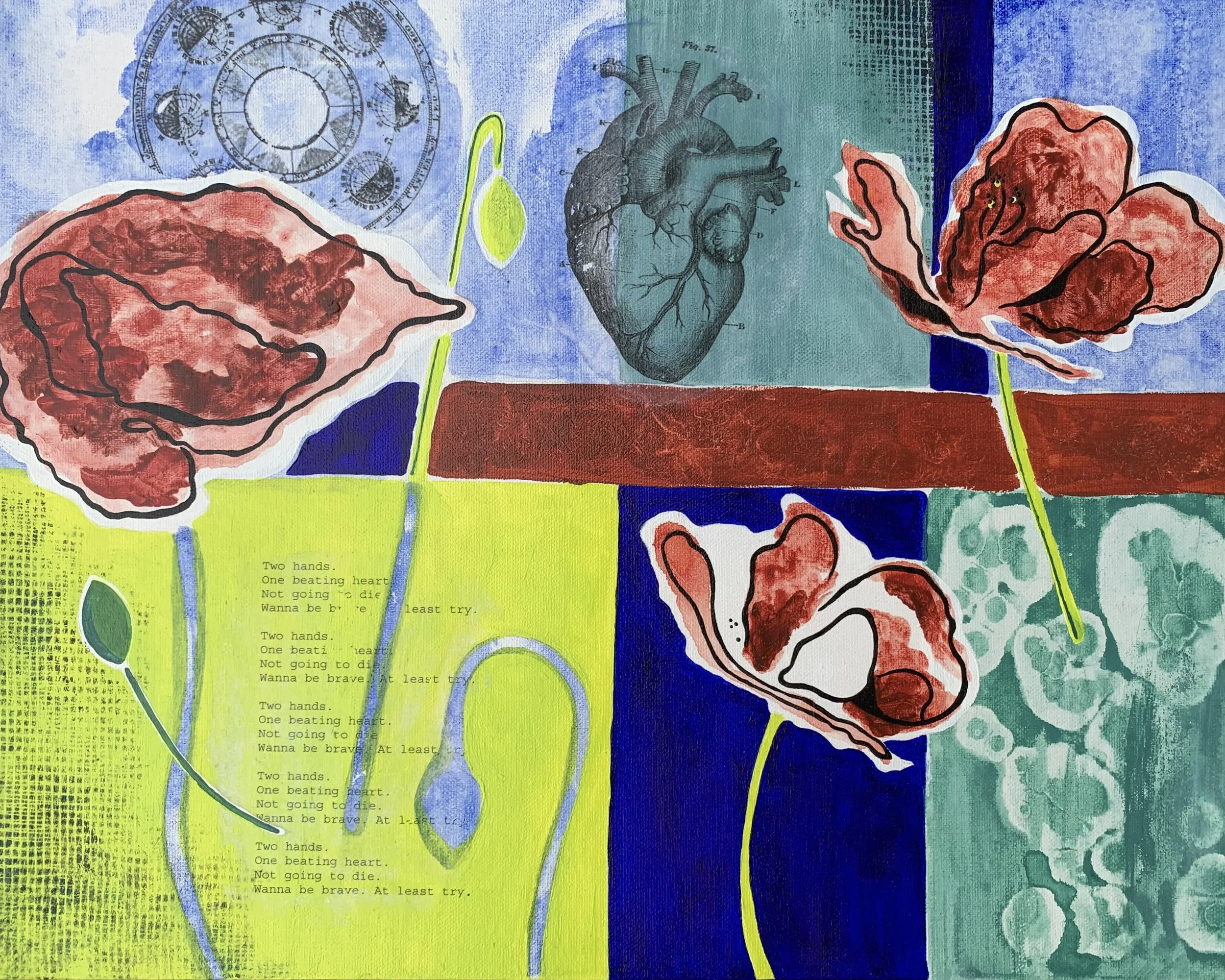  Three Poppies, mixed media and acrylic on canvas, 16in x 20in (ready to hang in black floater frame with picture-wire on back)  Available — $370 