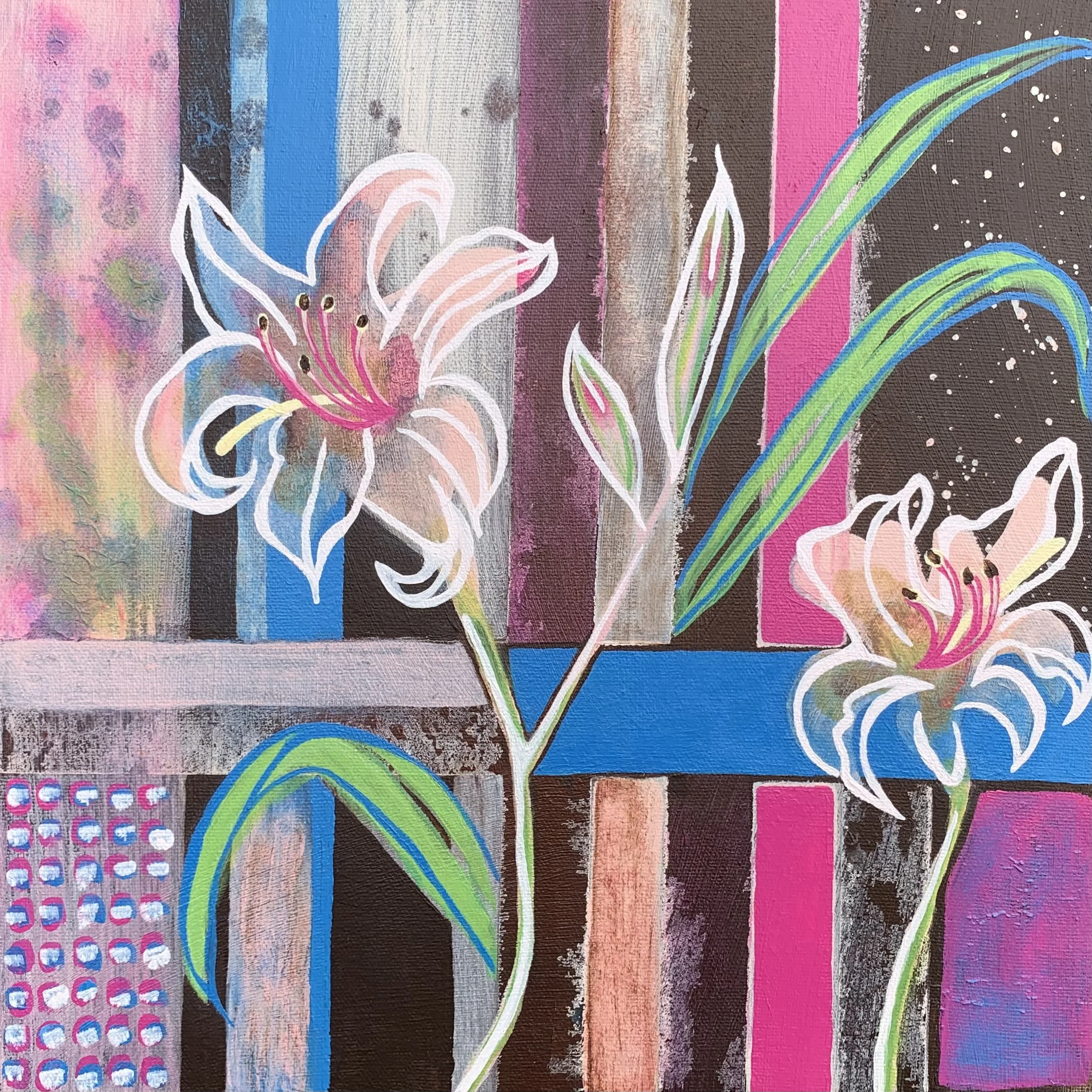  Birthday Lilies in Colour, acrylic on gallery wrapped canvas, 12in x 12in (ready to hang with picture-wire on back)  SOLD 