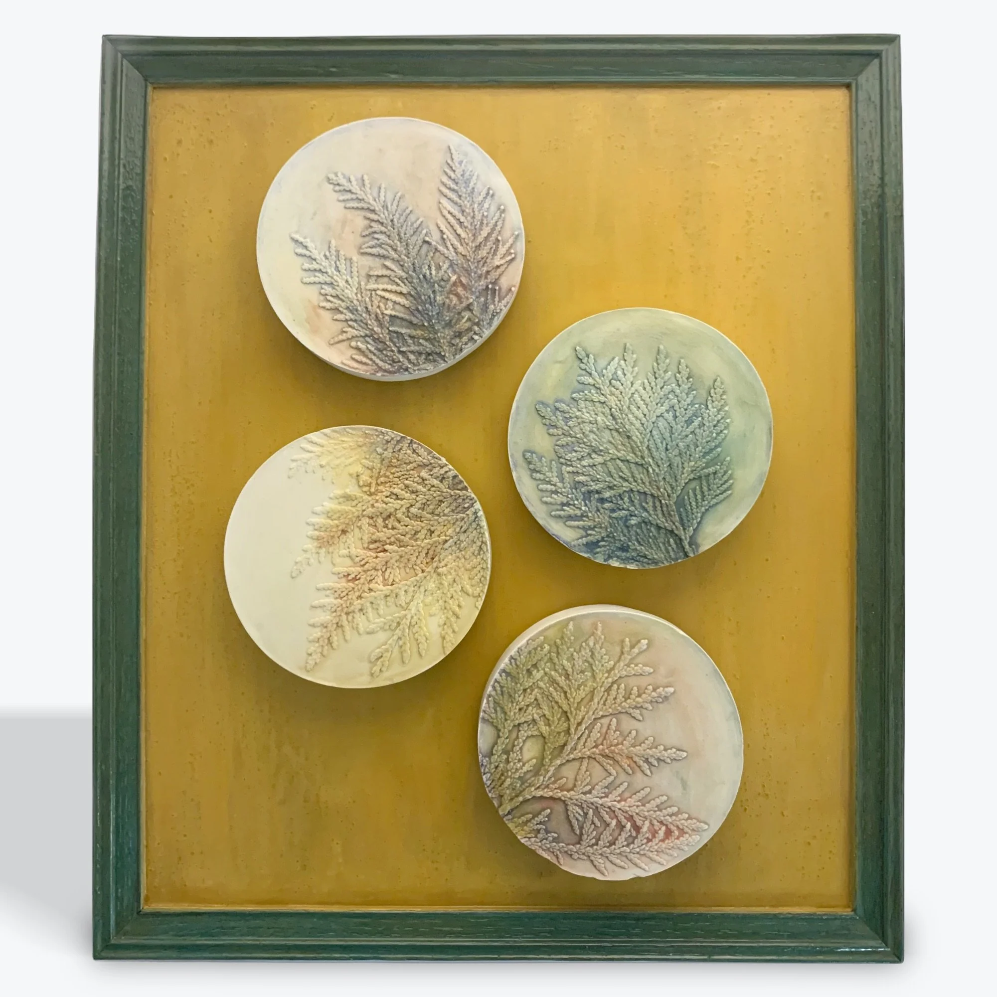  Four Seasons, plaster, milk-paint, natural plant pigment (walnut) on wood frame, 15.1in x 12.9in x 0.6in (ready to hang with picture-wire on back)    The vibrant colours representing the four seasons — winter, spring, summer, and autumn — are depict