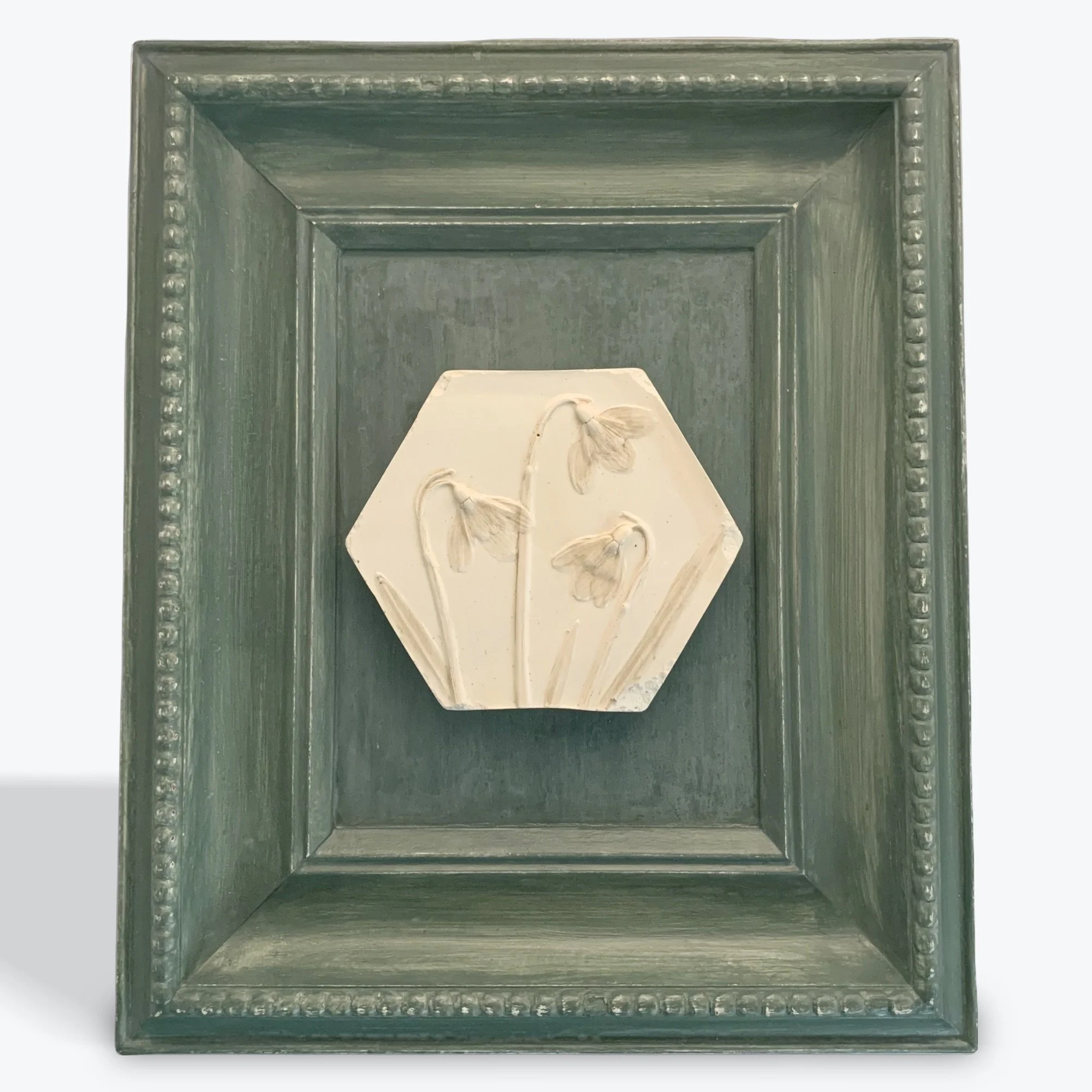  Snowdrops in Seagreen, milk-paint on plaster, milk-paint on wood frame, 12in x 10in (ready to hang with picture-wire on back)  Snowdrops are among the earliest flowers to bloom after winter hibernation. Let these beautiful blooms bring you some tran
