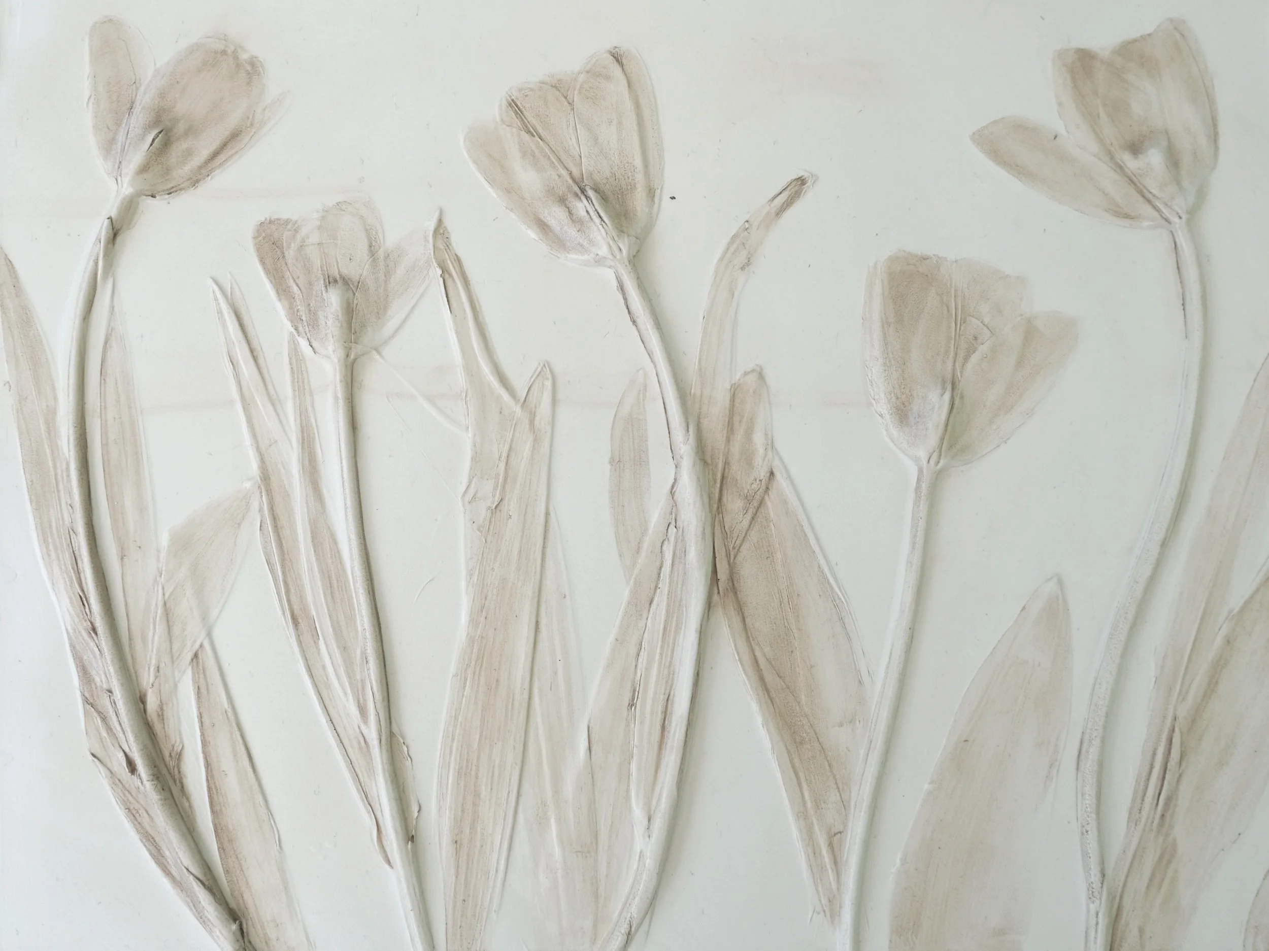  Dancing Tulips, milk-paint on plaster, 11in x 17in x 0.5in (ready to hang with picture-wire hook on back)  Dancing tulips! Need I say more?  SOLD 