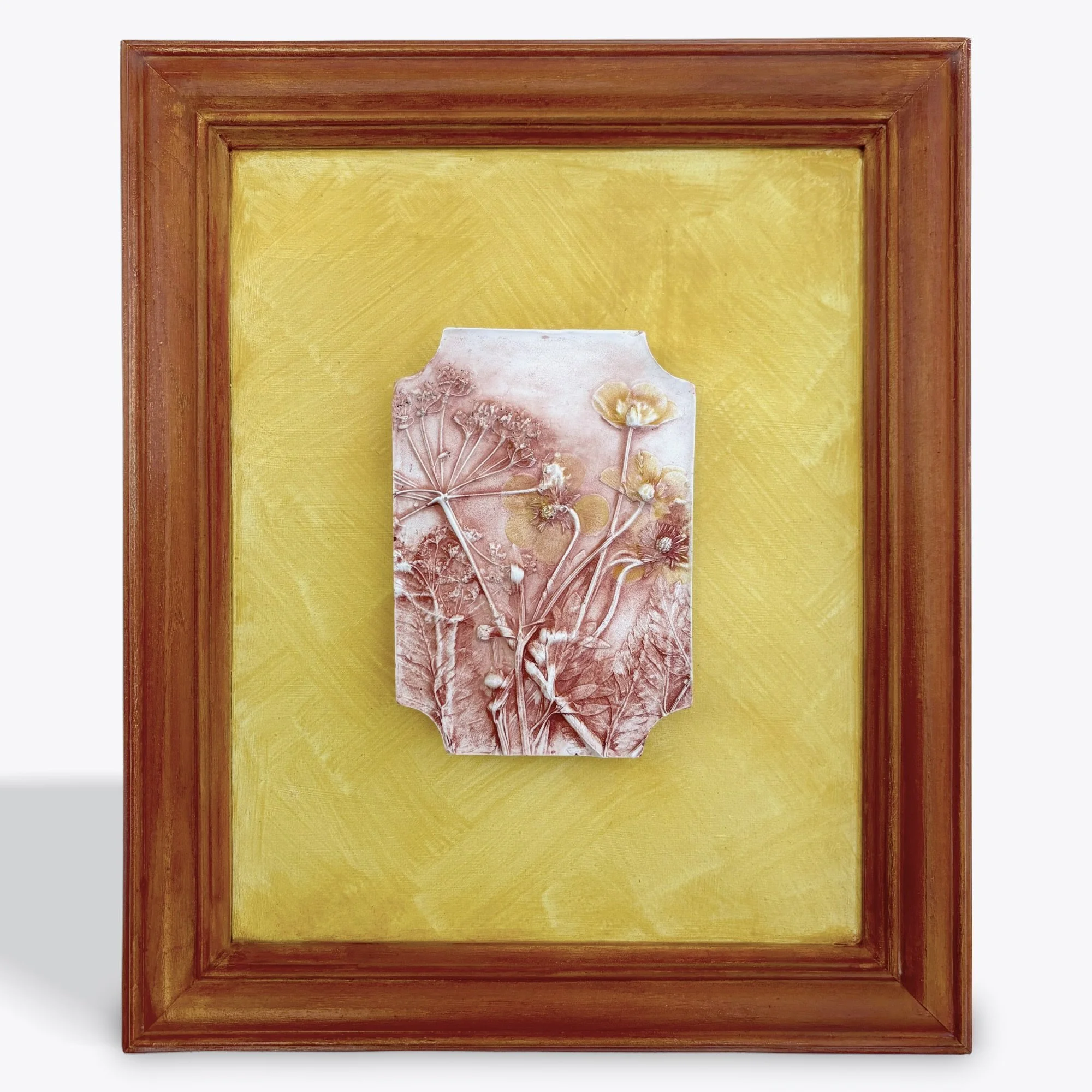  Wild Summer No. 3, hydrostone, milk-paint on wood frame, 12in x 10in x 1in (ready to hang with picture-wire on back)  Great things come in small packages. This treasure was born during the sunny days of summer, captured in a whirlwind of botanical b